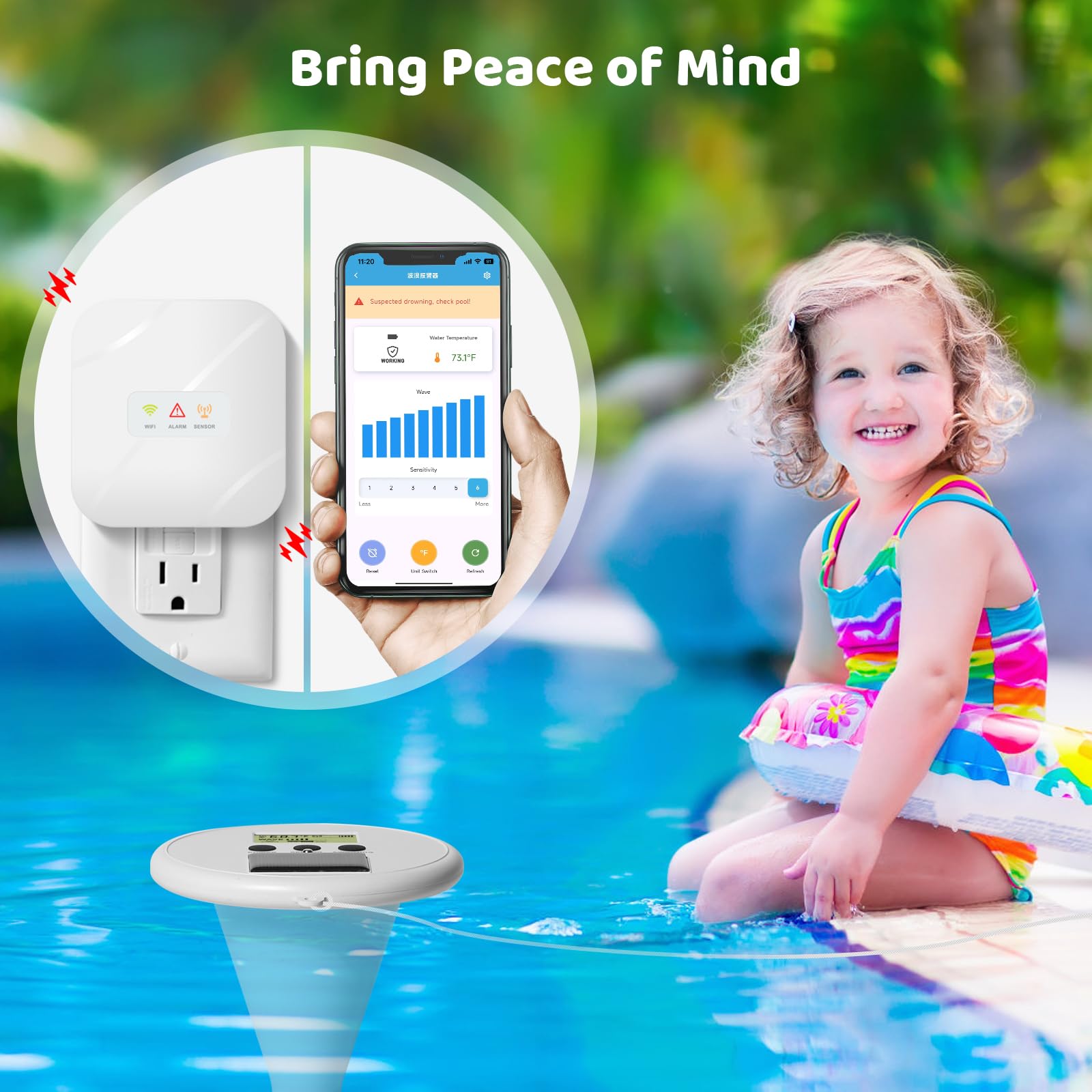 Alarma de piscina WiFi, onda solar sensible, control inteligente, alarma dual, dispositivo y app, ofrece protección