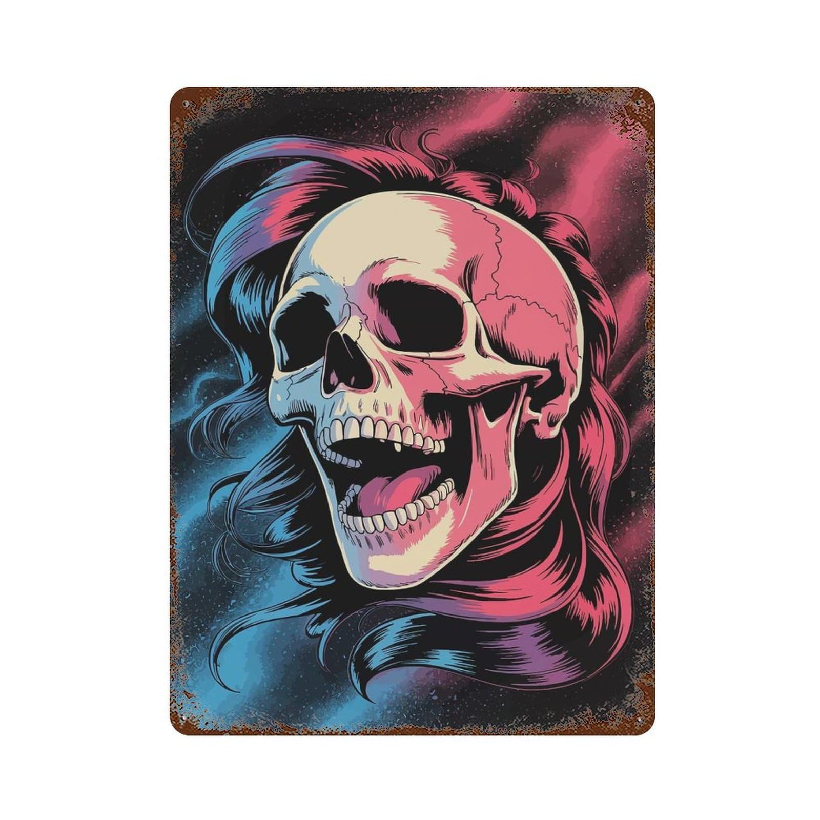 Skull with Hair Digital Art Rust Effect Tin Sign 15.7"x11.8", Novelty Wall Decor for Garage, Pub Or Kitchen