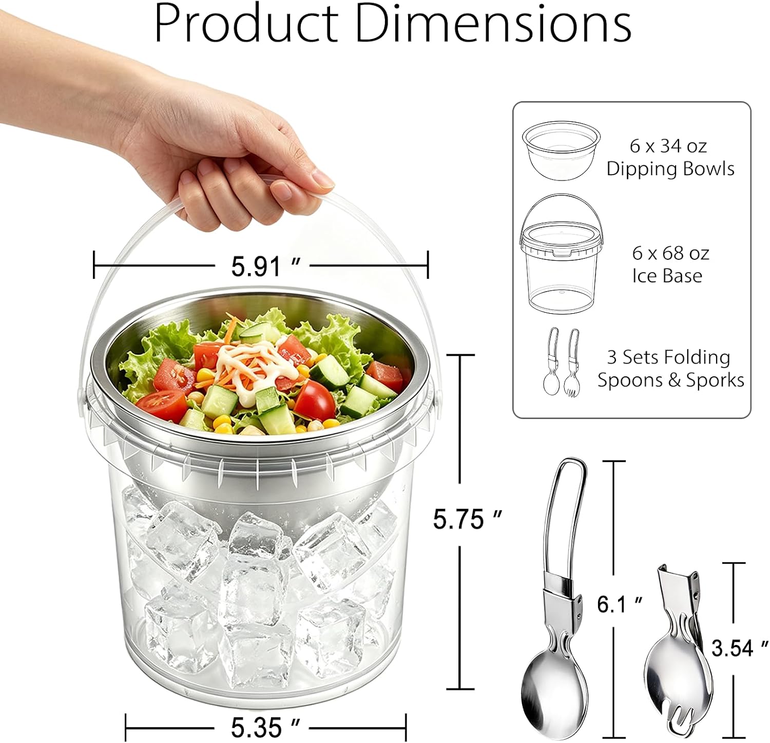 6 Pack 34oz Chilled Dip Bowls with Handled Ice Bases, Lids & Spoons