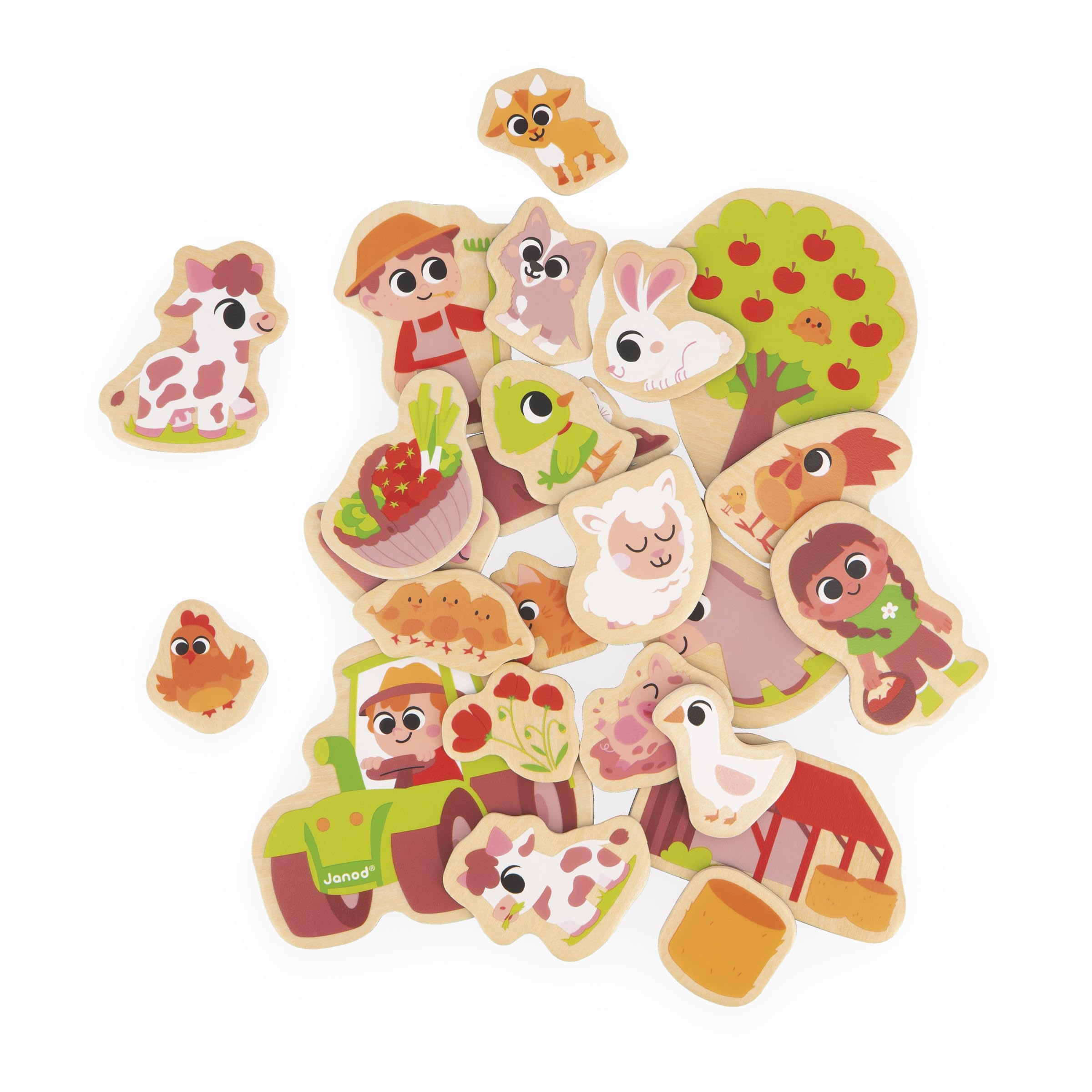 Janod - 24 Wooden Magnets - Farm Theme - Farm Animals - Wooden Toy - Ideal for a Board or Fridge - Magnetic Educational Game, for Handling, Experimenting and Having Fun - from 2 Years Old, J09639