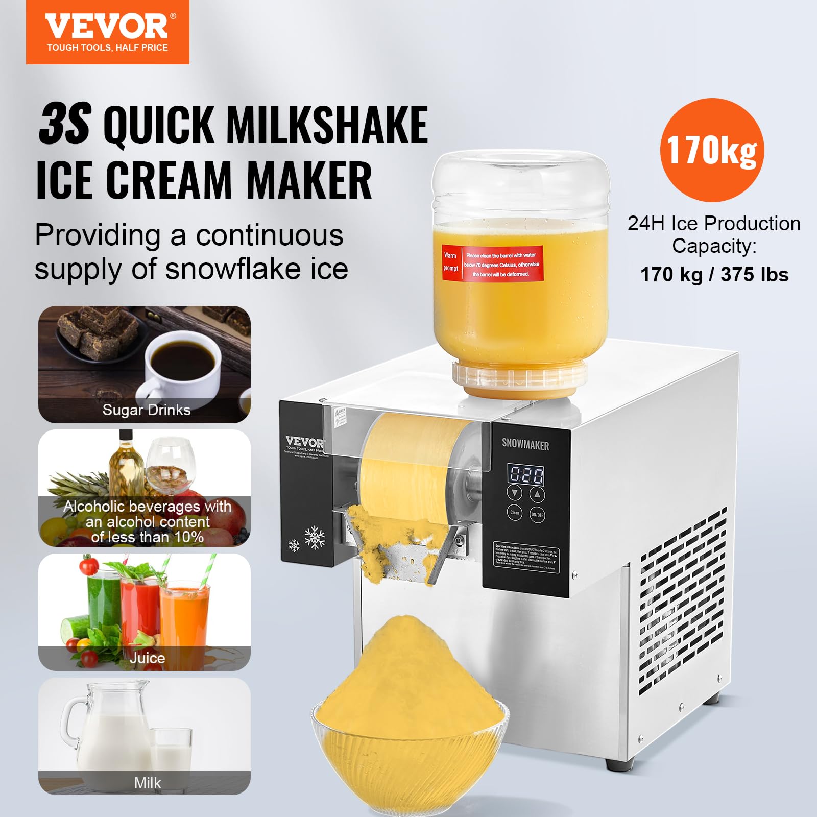 VEVOR Macchina per Ghiaccio a Fiocchi di Neve Commerciale, 170 kg/24 Ore, Macchina per Ghiaccio Tritato in Acciaio Inox, Sistema di Raffreddamento ad Aria per Dissipazione Calore, per Panetteria, Bar