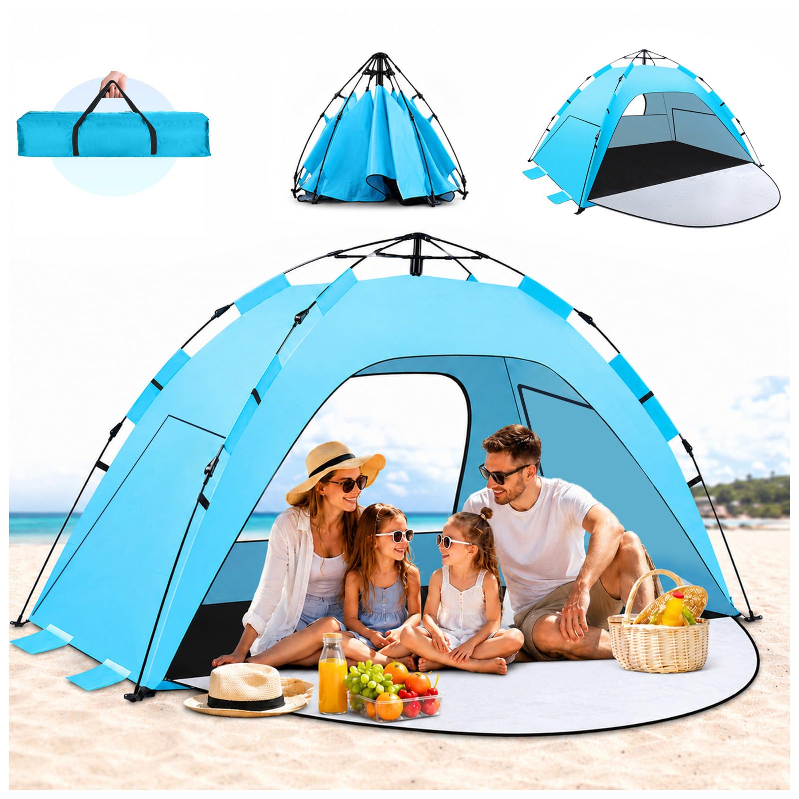 WARMTUYO Tente de Plage Pop Up Instantanée, Installation en 3 Secondes pour Famille de 3 à 4 Personnes, Protection UV 50+, Abri Solaire Coupe-Vent et Résistant, Plage, Jardin et Camping - Bleu