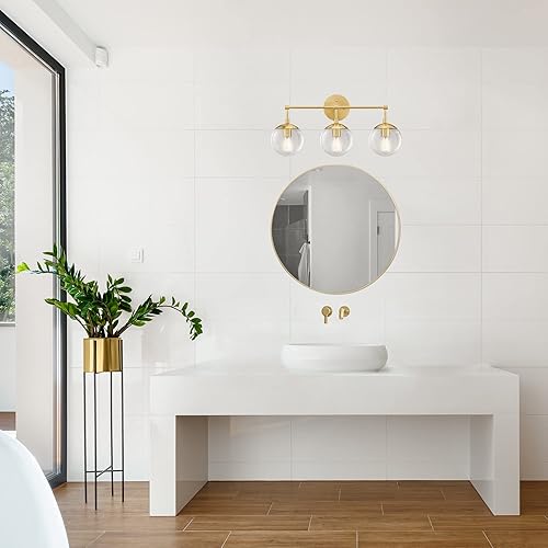 Miniatura 6 de Design House 588889-SG Gracelyn - Moderna lámpara de tocador de baño de 3 luces regulable para interiores con vidrio transparente para colocar sobre