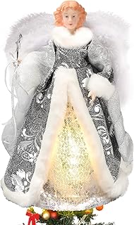 Dechoga Angel Christmas Tree Topper, 11.8Inch Angel Figurine Ornament, Angel Tree Topper with Lights, White Feather Wings and White Sequin Dress for Home Holiday Party, Wedding, Christmas Decor