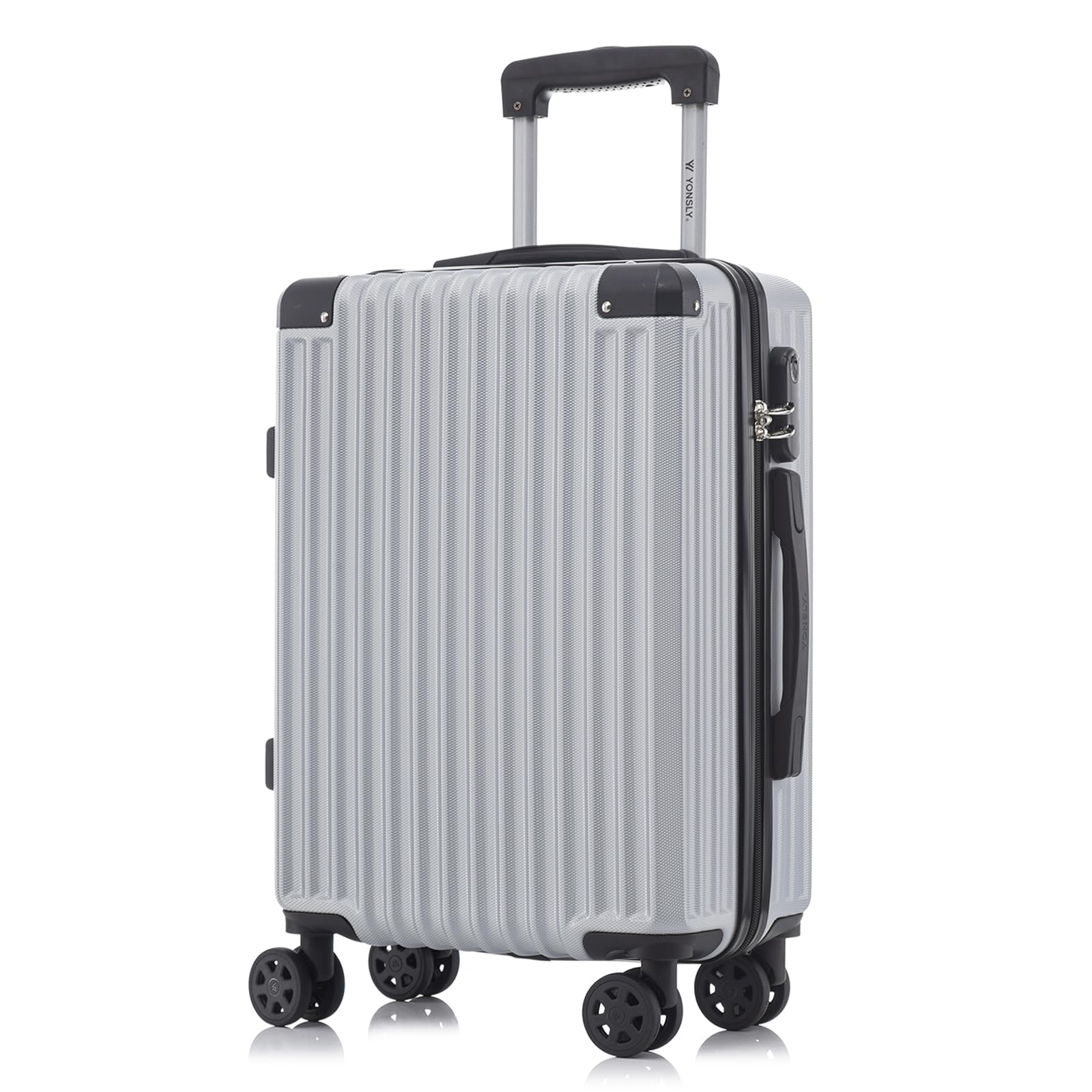 YONSLY Trolley Reisekoffer Suitcase, Rollkoffer Handgepäck, Kabinenkoffer Hartschalenreisekoffer mit 4 Rollen 360°, Zahlenschloss, Weicher Gummigriff (M, Silber)