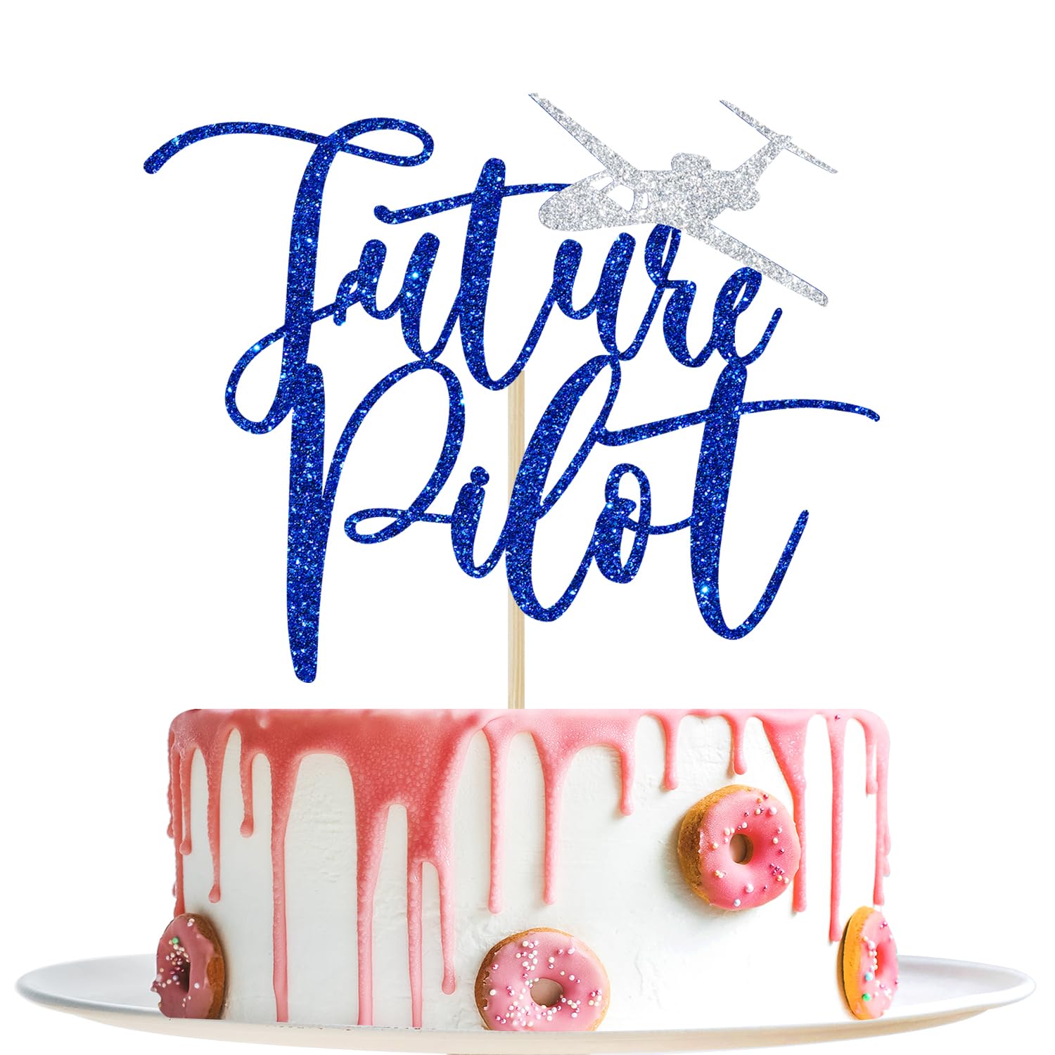 YotaweberyFuture Pilot Cake Topper, Congrats USAF, Congrats Pilot, Adventure Awaits, 2025 Flight Academy Graduation Party Decorations, Blue and Silver Glitter