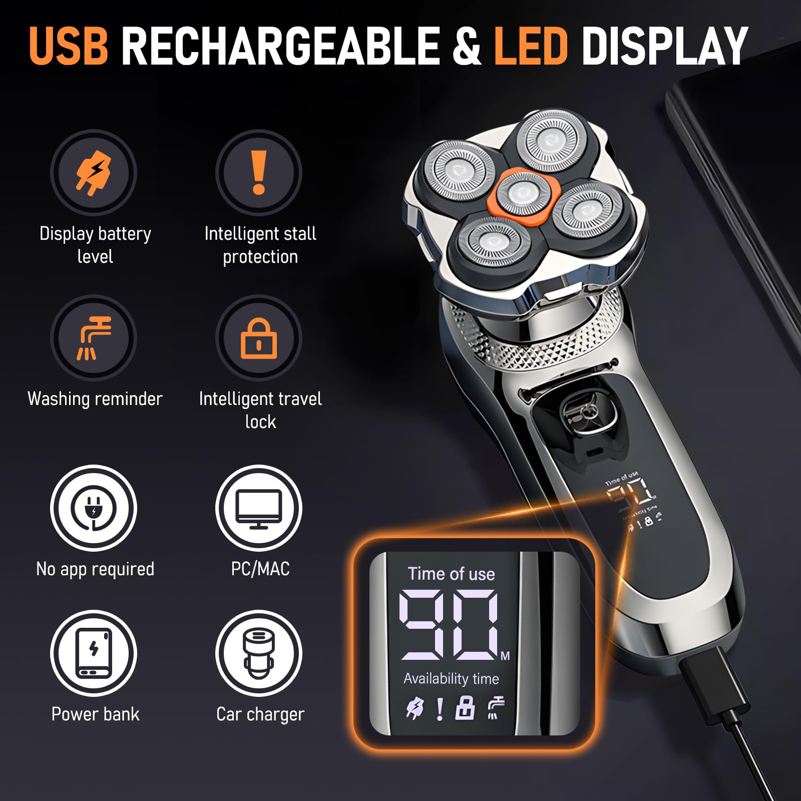 Journeyside Rasoio Testa Calva Uomo 6 in 1, 5D Rasoio Testa Calva Uomo, Uso Asciutto e Bagnato,Rasoio Elettrico Barba Senza Fili, Impermeabile IPX6, Display LED, Adatto per Capelli, Barba,Naso