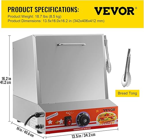 Miniatura 6 de VEVOR Vaporizador eléctrico para perros calientes con calentador de bollo, 36L32.69 cuartos de galón, calentador de bollos de acero inoxidable con