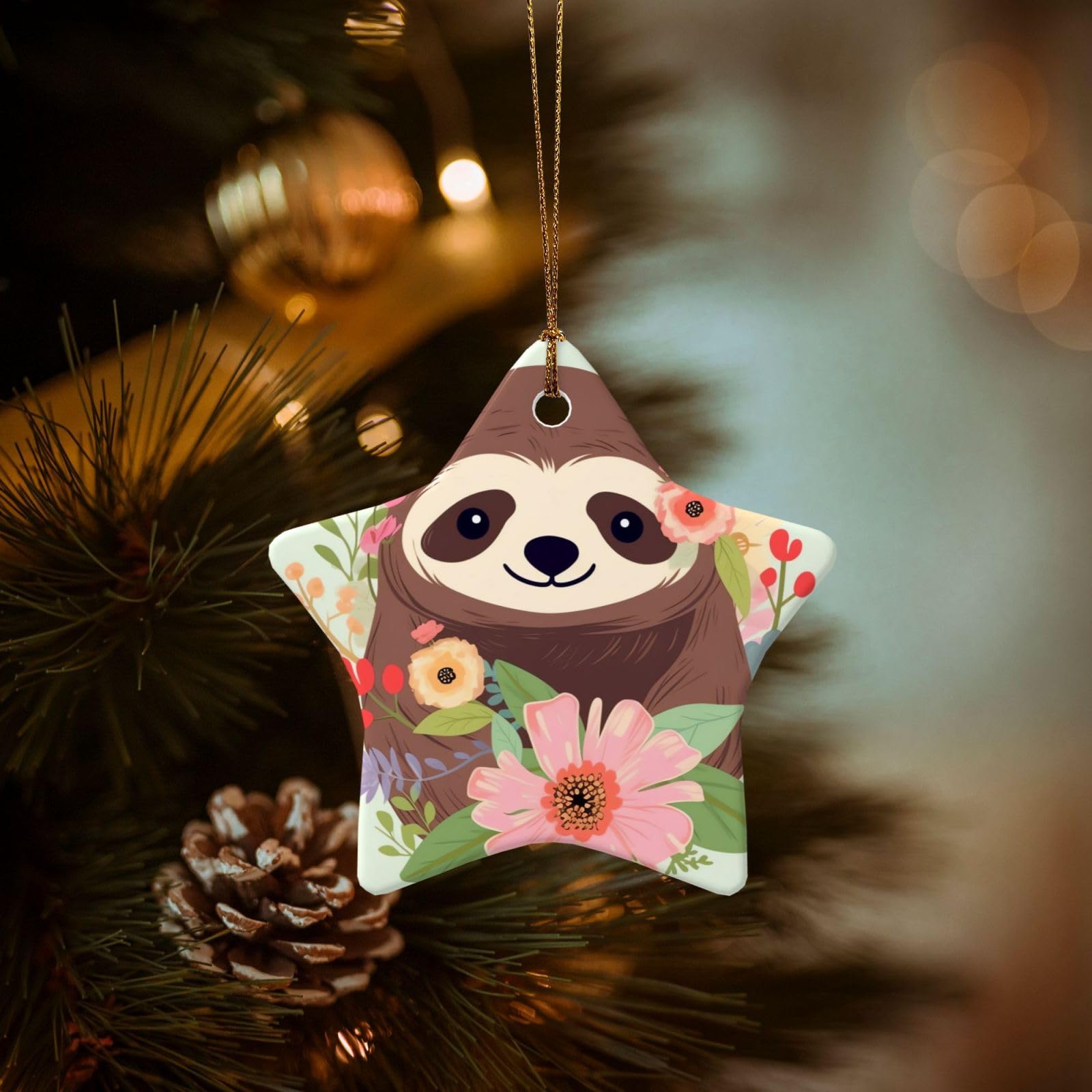 Christmas Ornaments for Christmas Tree Decoration Hanging Sloth and Flowers Ornament with Gold Ribbon Crafts Star Shape Ceramic Pendant for Keepsake Gifts Xmas Decor Party Supplies