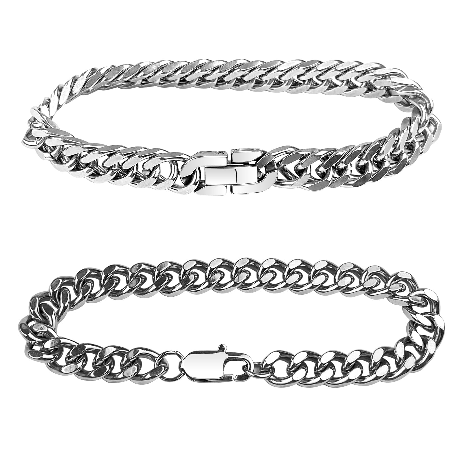 Newpop 2 Pcs Pulsera Hombre, Pulseras Plata Hombre, Pulsera Acero Metal 18cm/19cm de Longitud, 7mm/8mm de Ancho, Pulsera de Eslabones Cubanos para Hombres, Regalo para Padre, Esposo, Novio