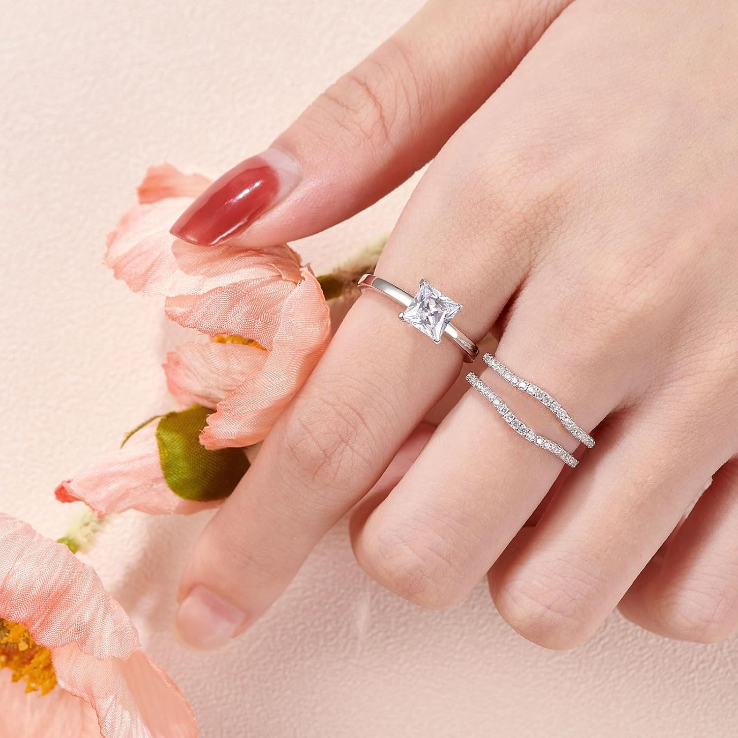 SHELOVES Solitaire Princess CZ Engagement Rings Set for Women Wedding Rings Enhancers band 925 Sterling Silver 4-13 - Image 5