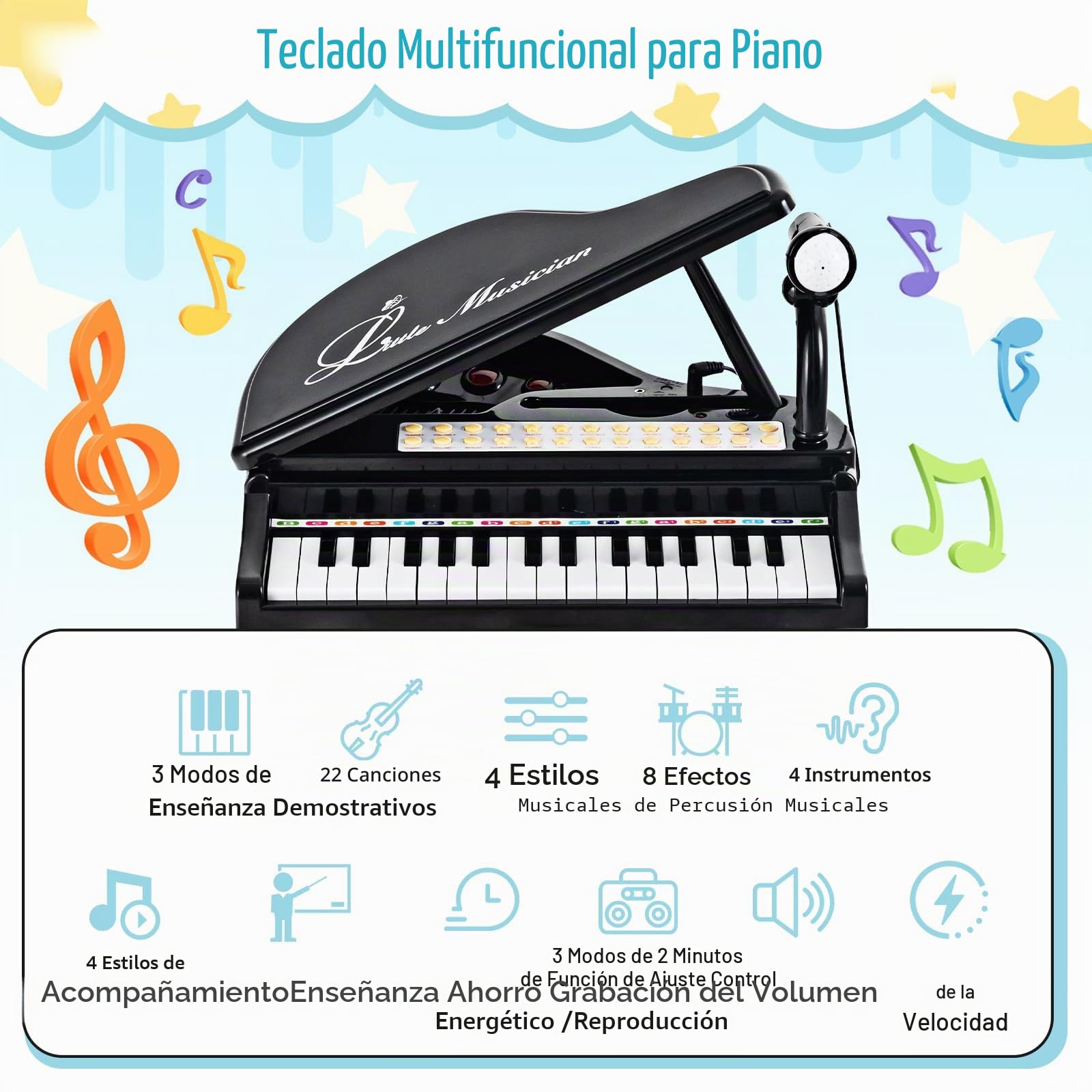 RELAX4LIFE Piano para niños con 31 teclas y taburete, teclado piano electrónico con micrófono ajustable, juguete musical regalo para niños a partir de 3 años (negro)