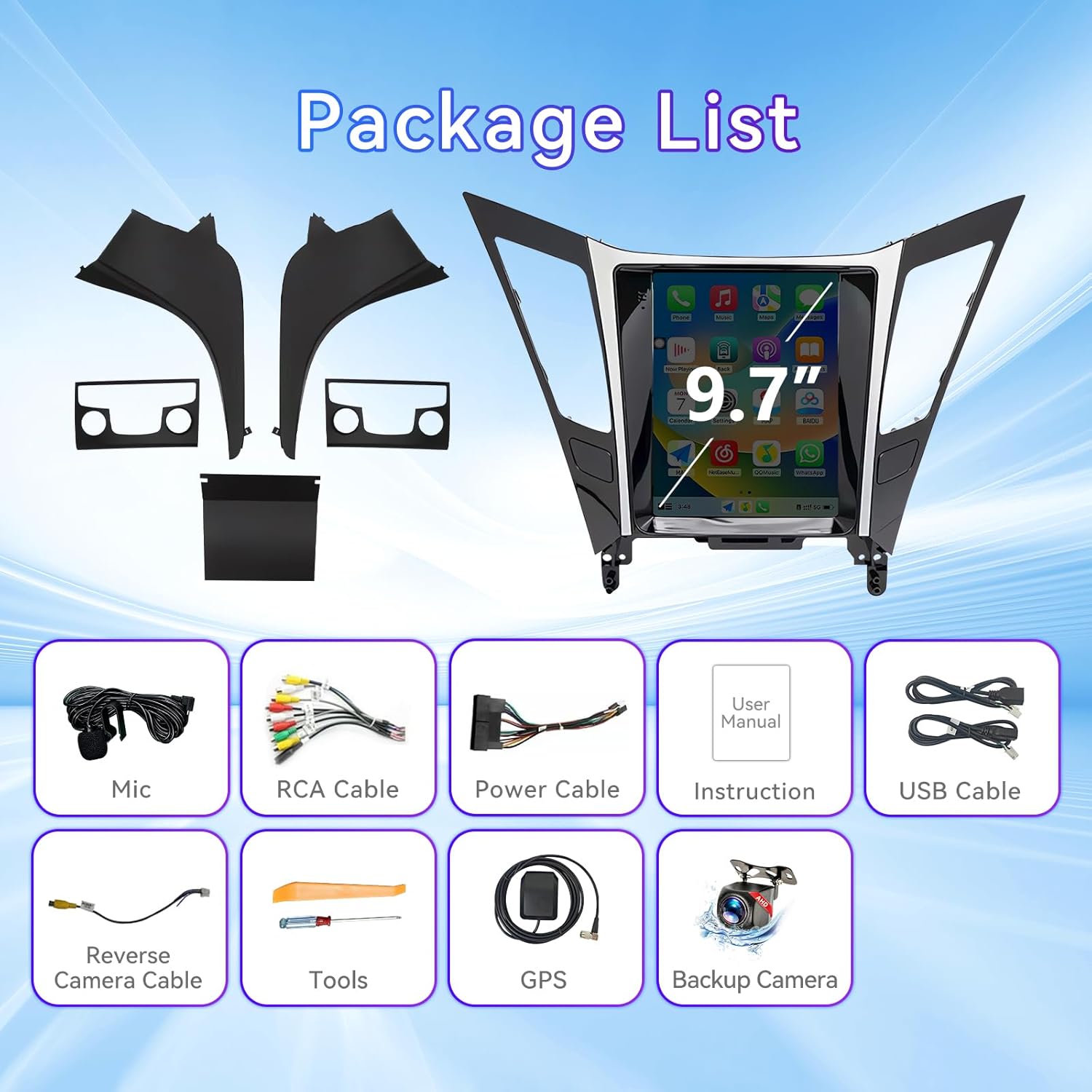 9.7 Inch Car Radio Stereo Compatible with Hyundai Sonata 2010-2015, Android 13 2+64GB Car Radio with Wireless CarPlay/Android Auto/MirrorLink, GPS Navigation/FM/SWC/Backup Camera