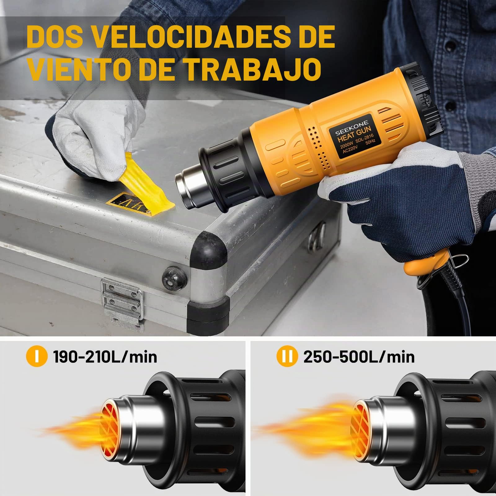 SEEKONE Kit de Pistola de Calor 2000W de Alto Rendimiento, Temperatura Variable 50°C - 600°C Pistola de Aire Caliente con Maletín de Transporte y Protección Contra Sobrecarga, 5 Boquillas