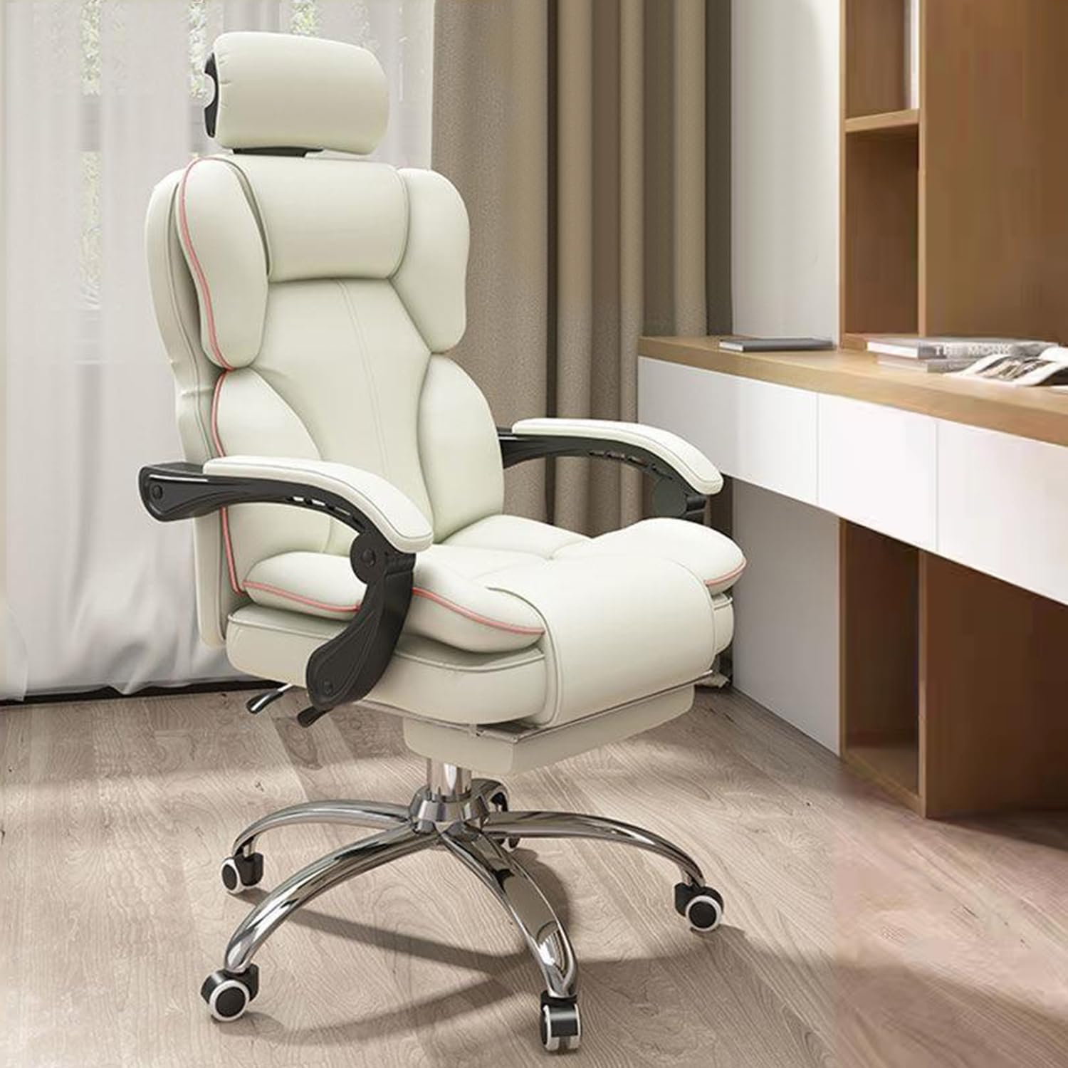 Executive Office Chair,Ergonomic High Back Cushion Lumbar Back Support, Computer Chairs with Footrest and Lumbar Support PU Leather Office,White