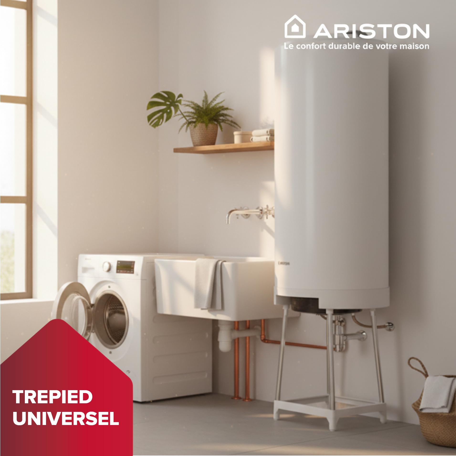 Ariston - Trepied Universel Ajustable pour Chauffe-eau Cylindrique - Diamètres 513-530-560 mm - Support Universel pour Chauffe eau muraux - Trépied 4 Pieds Réglables - 4090027