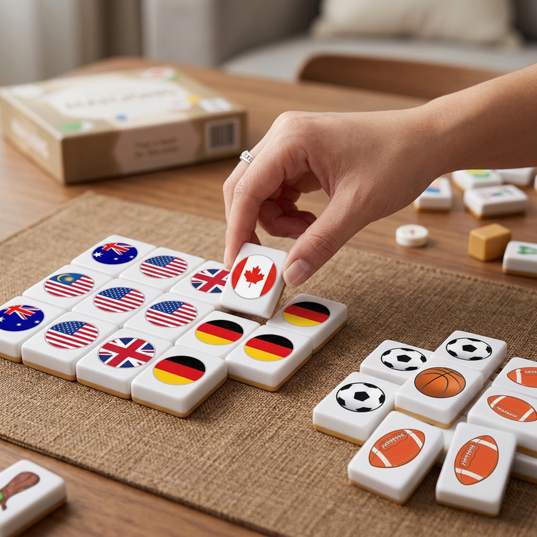 Set Mahjong per Bambini 48 Pezzi Blocchi Gioco con Bandiera Palla Piastrelle Giochi da Tavolo Spiaggia