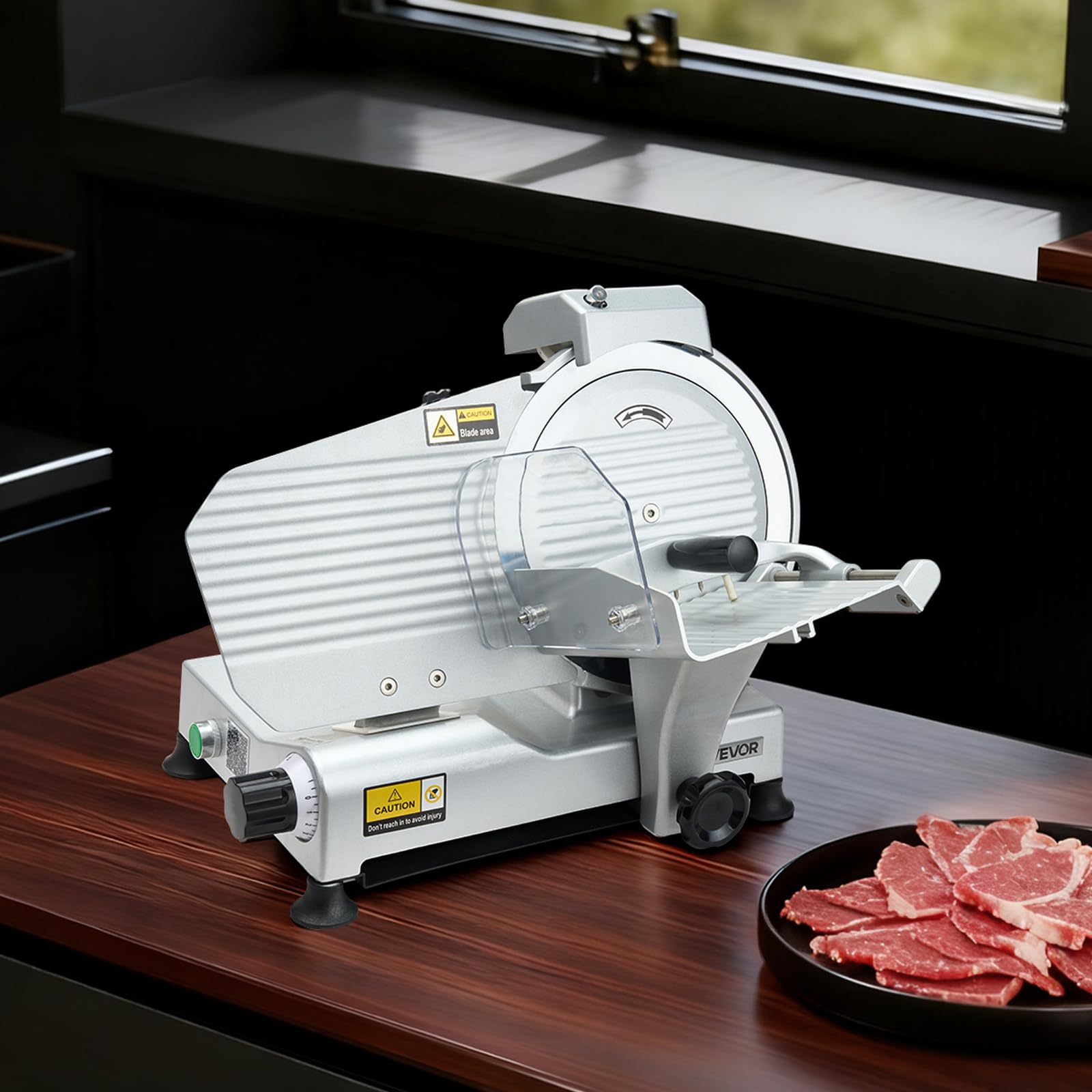 VEVOR Affettatrice Elettrica per Carne Commerciale da 320 W con Lama da 25 cm, Affettatrice con Spessore Regolabile da 0 a 10 mm, per Carne Congelata, Prosciutto, Bistecca di Prima Qualità