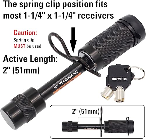 Miniatura 5 de TowWorks 79655 Cerradura de enganche de remolque única con llave de 12 pulgada con tramo muy corto de 2 pulgadas, pasador de bloqueo de receptor de