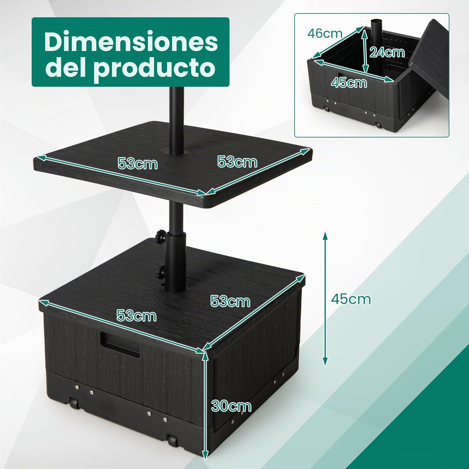 RELAX4LIFE 3 en 1 Soporte para Sombrilla Rellenable con Ruedas y Mesa Auxiliar, Base Sombrilla HDPE con Asas y Bolsa de Peso para Postes de Sombrilla 38/48 mm para Terraza/Piscina/Jardín (Negro)