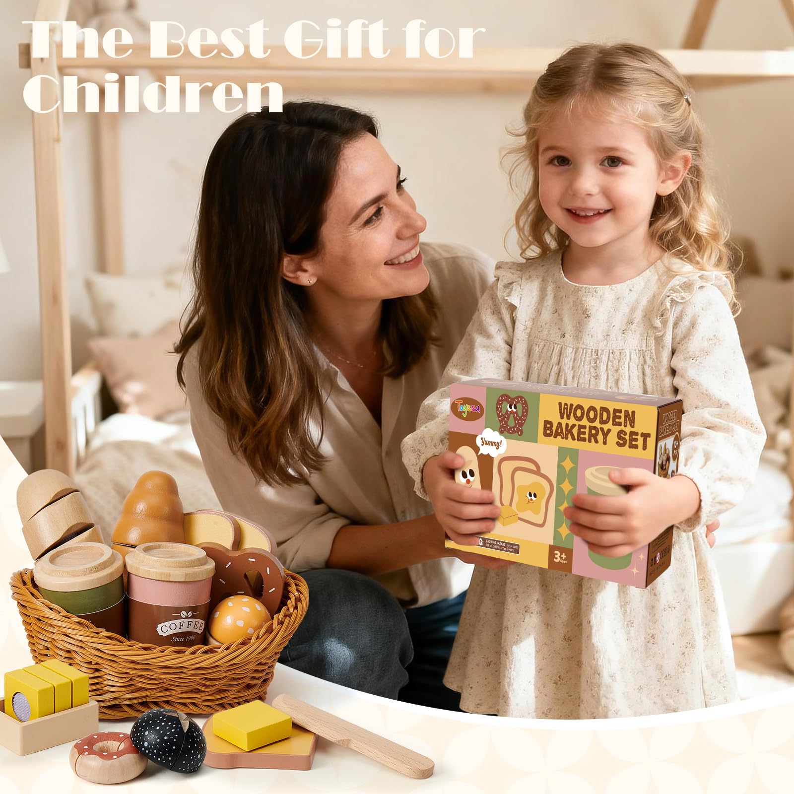 Atoylink Accesorios de Cocina para Niños de Madera, Juguetes de Panadería con Cesta y Pan, Accesorios de Cocina, Juguetes de Madera, Regalo para Niños y Niñas de 3 4 5 6 Años