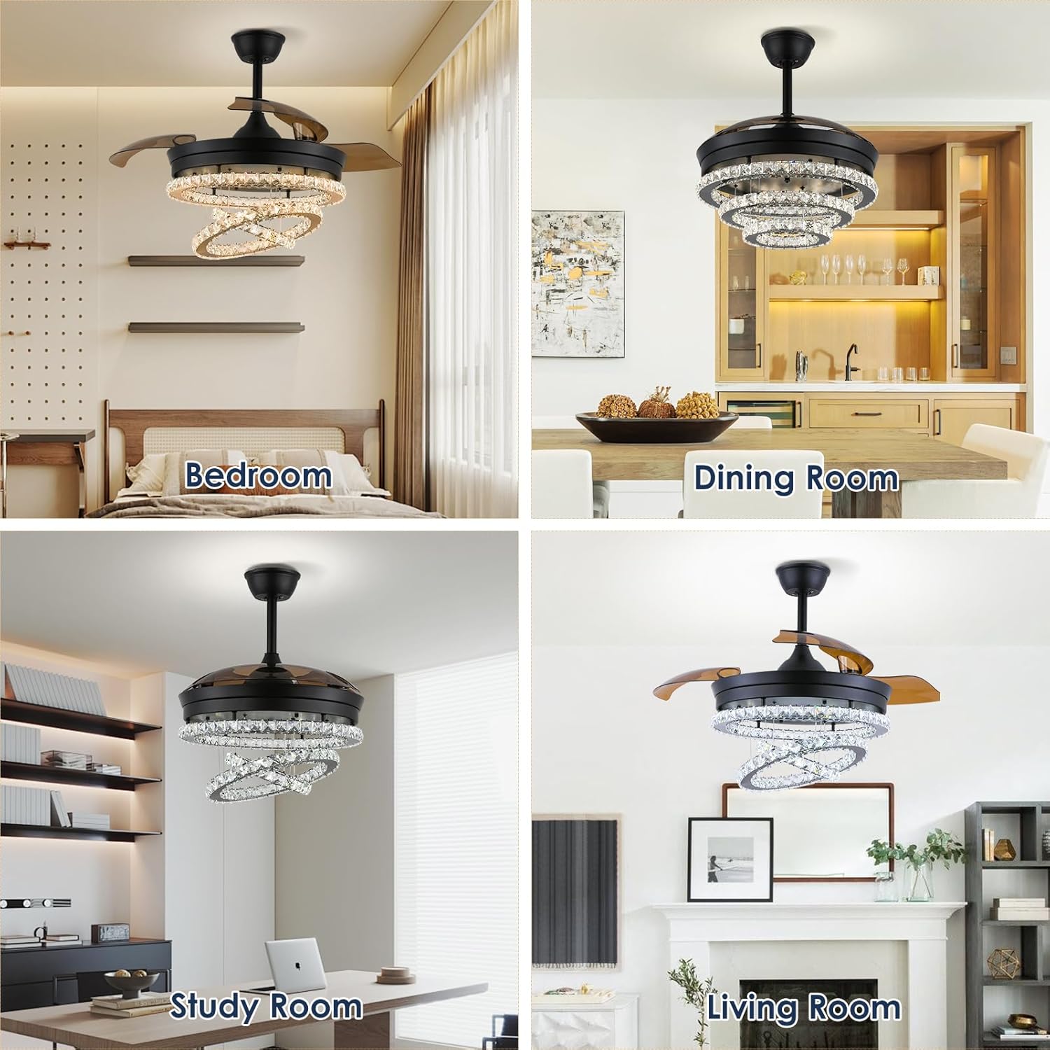 FRIXCHUR 42" Modern Crystal Chandelier Ceiling Fan with Retractable Blades LED Light Dimmable Fandelier with Remote Control Quiet Operation 6 Speeds for Living Room Bedroom Dining Room Black