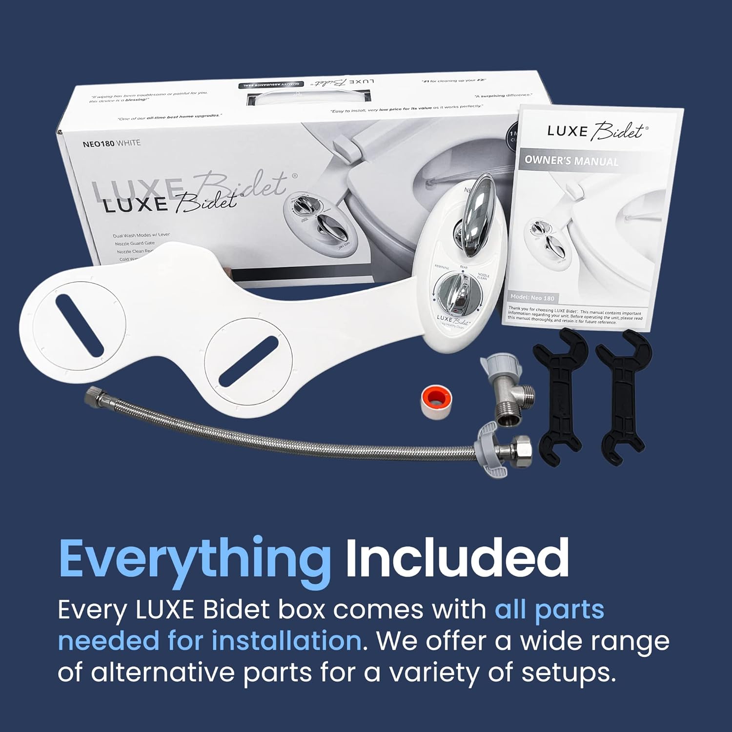LUXE Bidet NEO 180 White, Toilet Seat Bumpers, and Shut-Off Valve T-Adapter Bundle