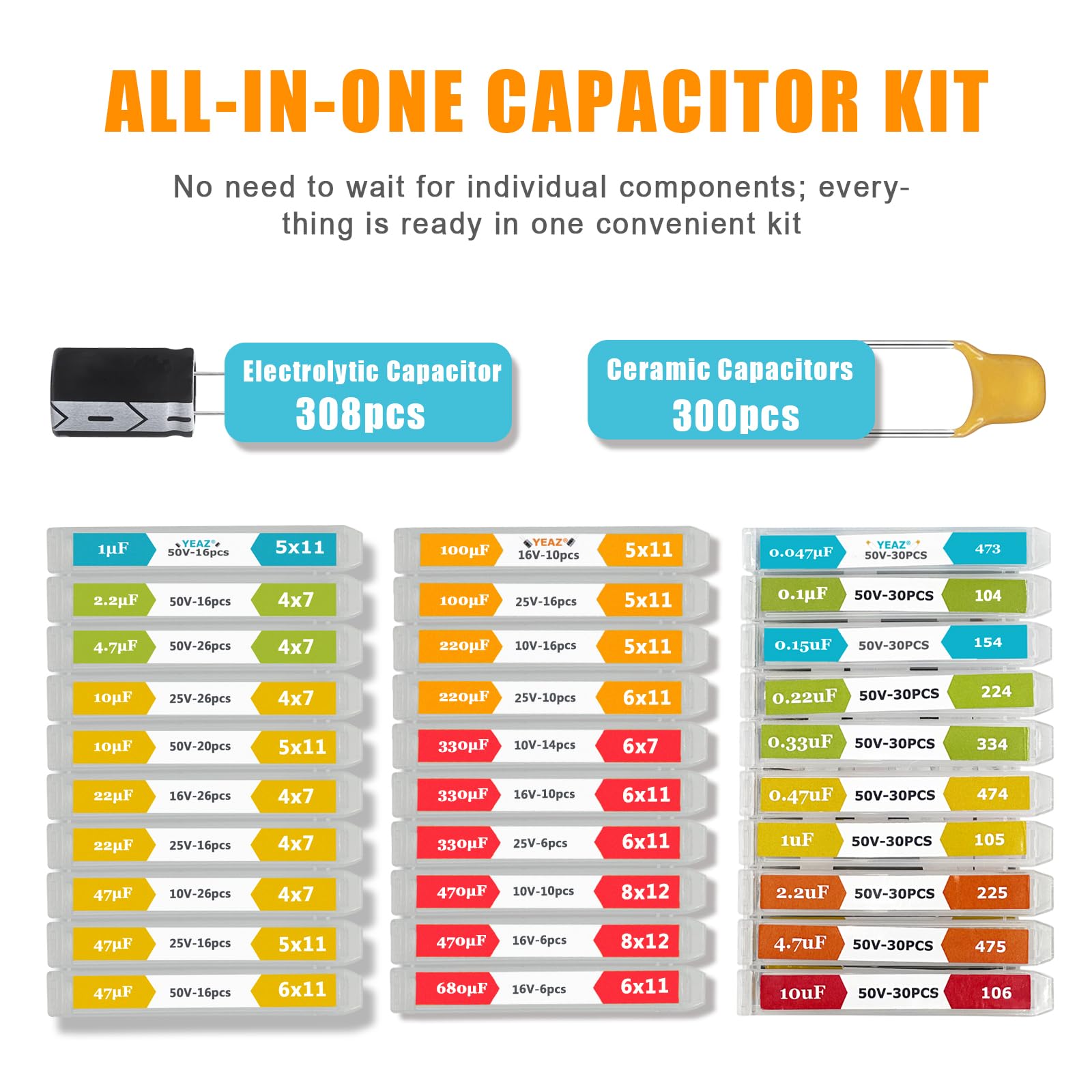 Electrolytic & Ceramic Capacitor Kit – 30 Value 608 Pcs (0.047uF to 680uF 10V 16V 25V 50V) with Individual Compartments– Ideal for DIY Electronics, Circuit Repair and Hobby Projects, Labeled Box