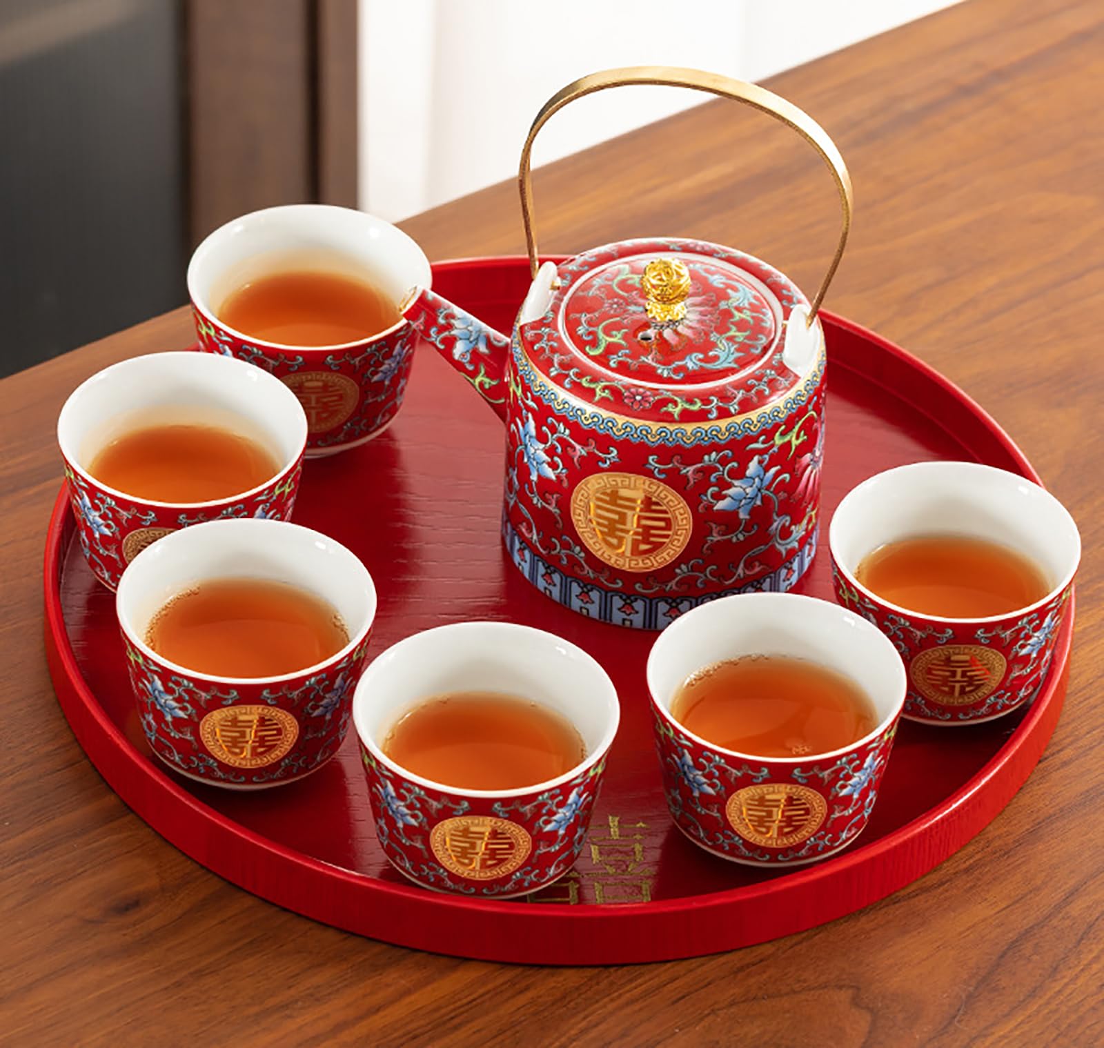 JiajuZS Chinese Double Happiness Red Wedding Tea Set,Porcelain Wedding Tea Set,Beam Handle, Comfortable to Hold,for Newlyweds, Friends Chinese Traditional Wedding Decoration Supplies