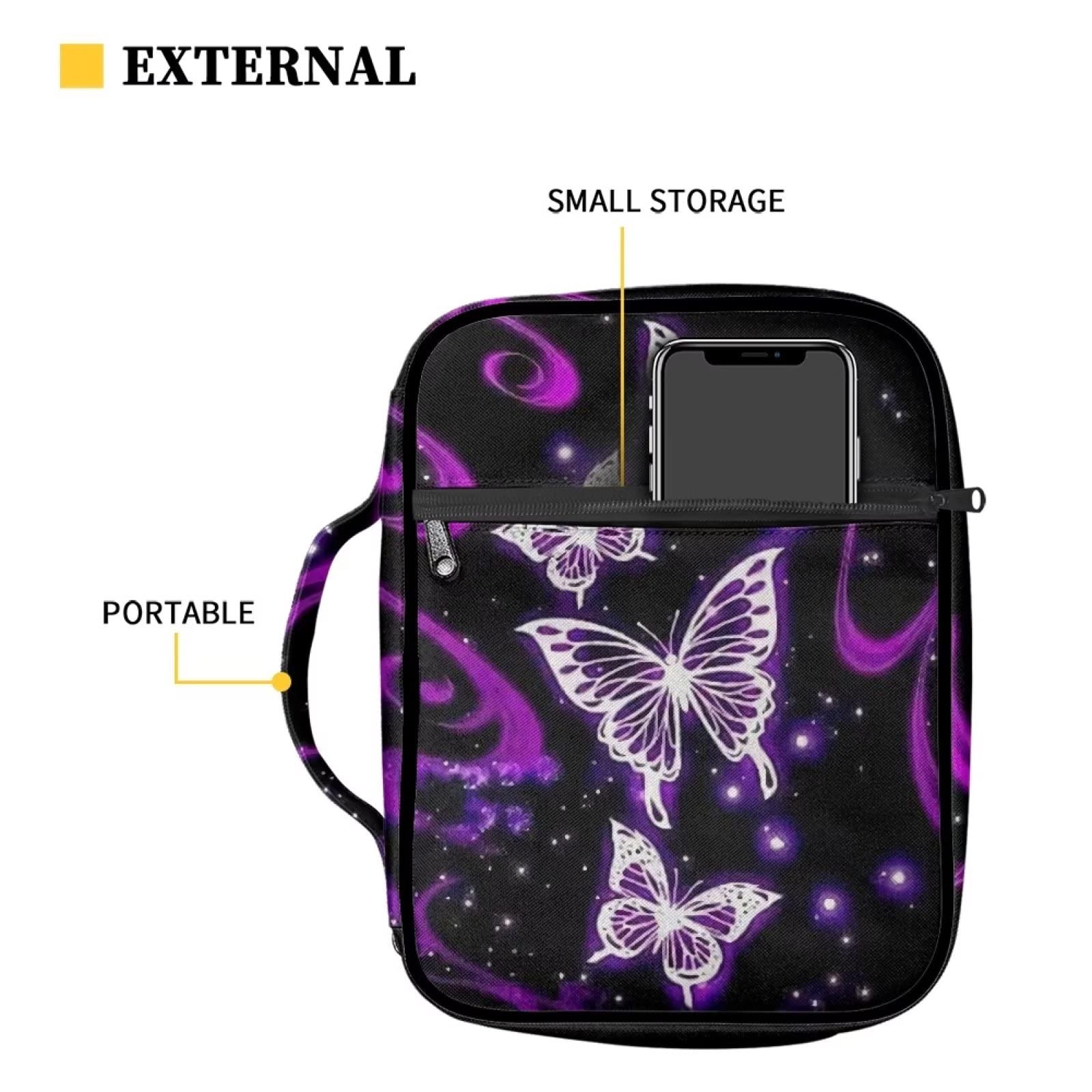 ZIATUBLES Purple Butterfly Print Bible Cover Bible Cover for Boy Portable Bible Carrying Case with Handleand Zippers Bible Bags and Totes Kids Bible Study Supplies Stationery Bible Bag - Image 4