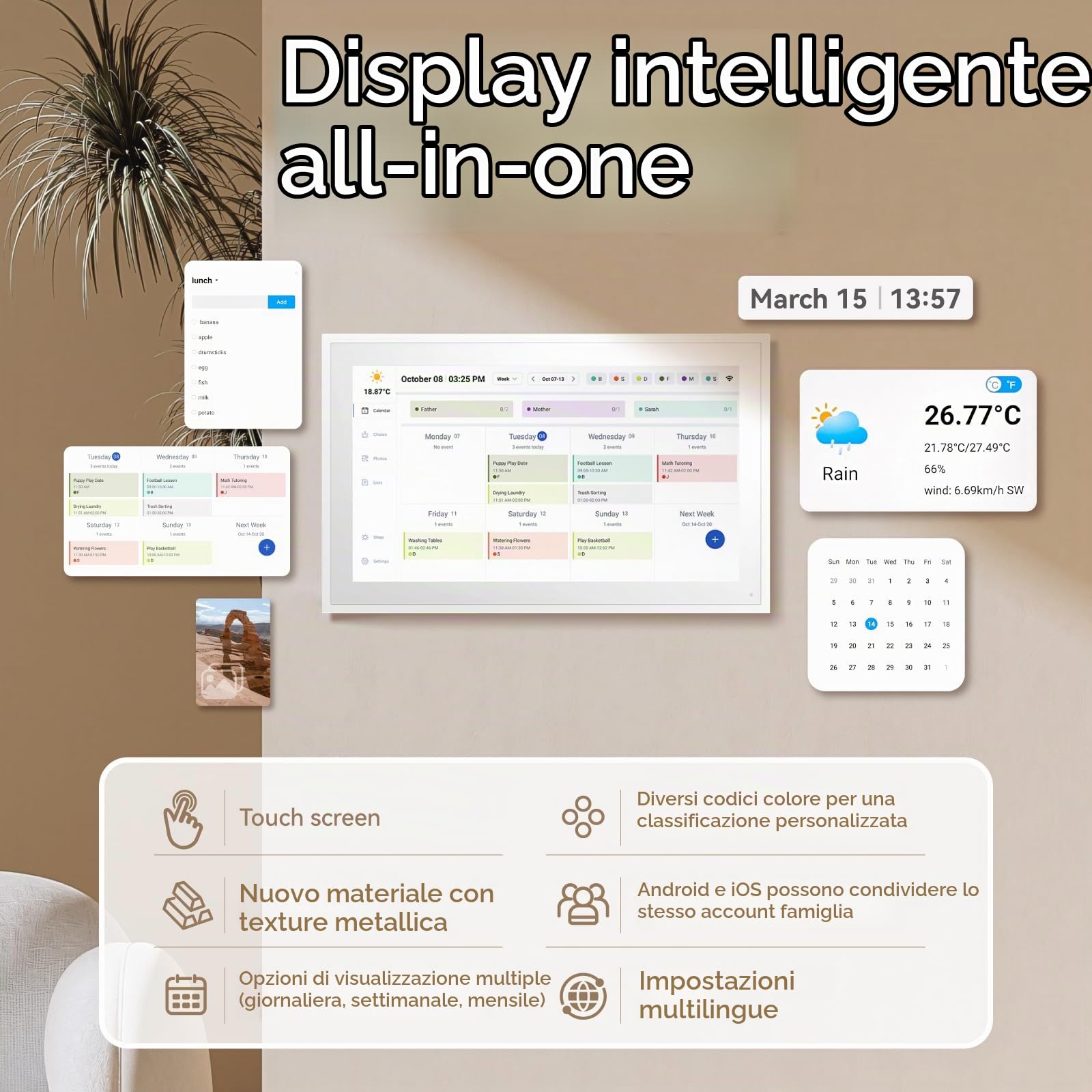 ISTOYO Calendario Digitale, Calendario Elettronico Intelligente a Parete da 39,6 cm / 15,6 pollici con Foto per La Condivisione Di Video, Piani Semplificati per Famiglie/Ufficio/Scuola/Eventi