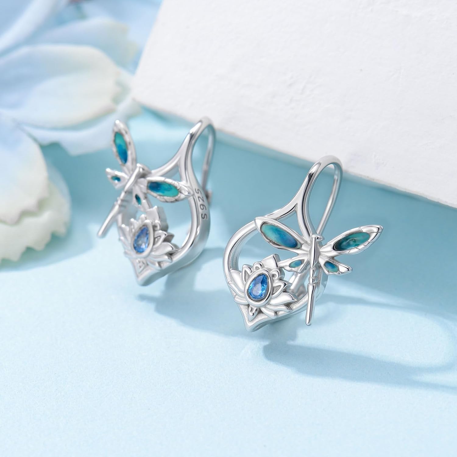 Leverback Earrings for Women 925 Sterling Silver Dainty Dragonfly Earrings with Lotus Leverback Earrings Mother’s Day Birthday Christmas Jewelry Blue Dragonfly Gifts for Women - Image 4