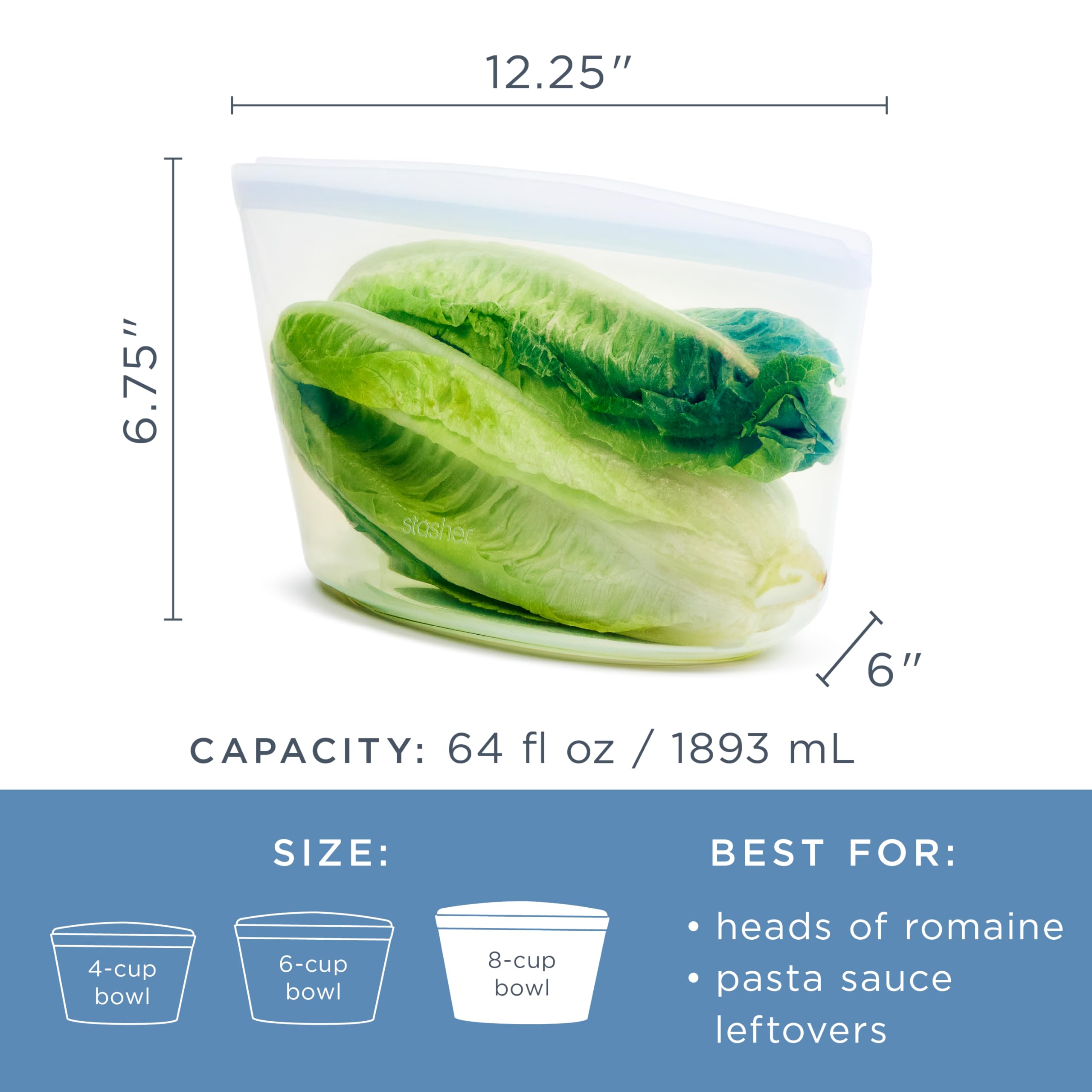 Stasher Bolsa de almacenamiento de alimentos reutilizable de silicona de, azul, apta para microondas, sous vide, lavavajillas, horno y congelador, sin BPA, sin fugas, ecológica, cuenco de 8 tazas
