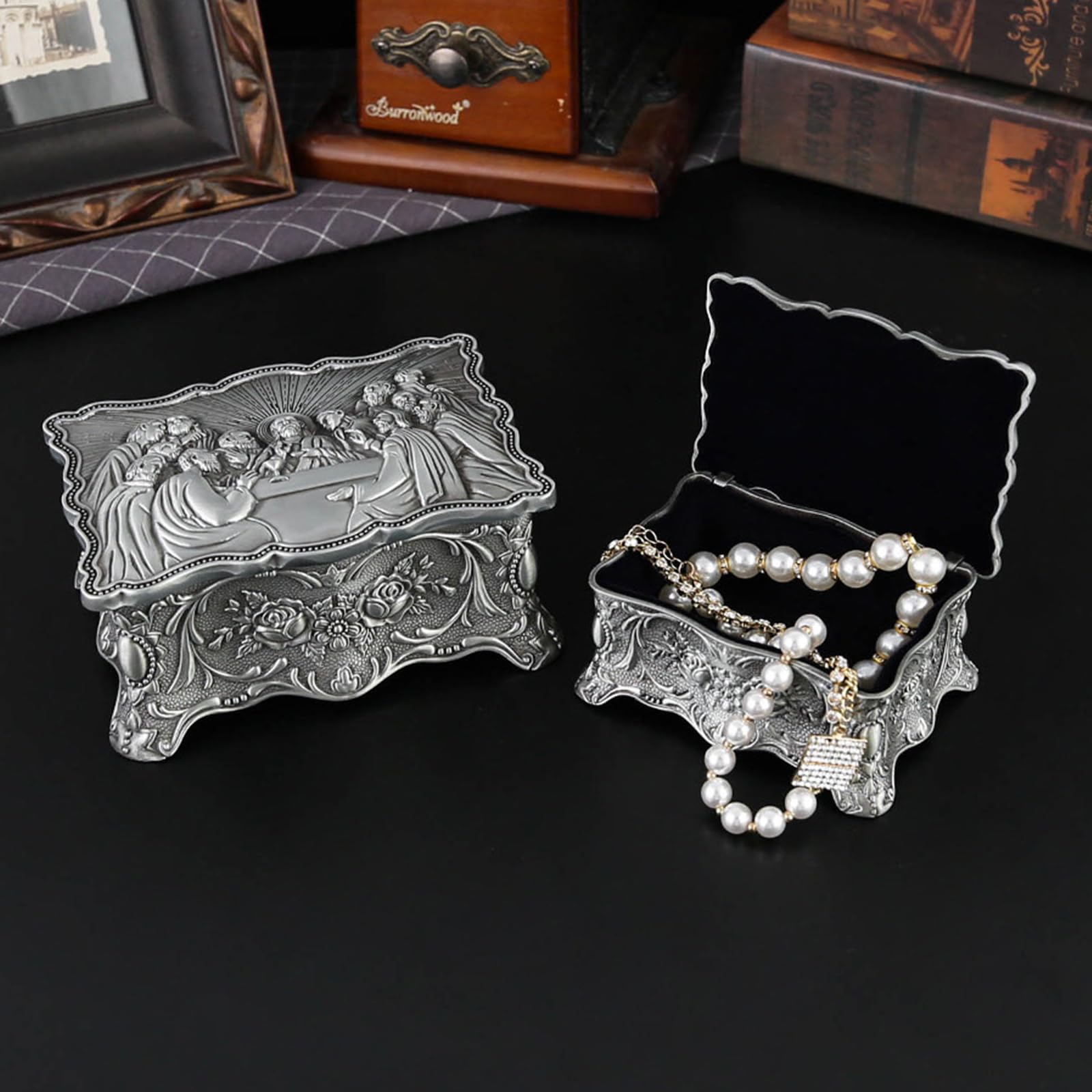 Caja de joyería pequeña de 2 piezas con exquisitas rosas grabadas para exhibir accesorios Cajas de almacenamiento para anillos Pendientes Caja de almacenamiento de aro de metal
