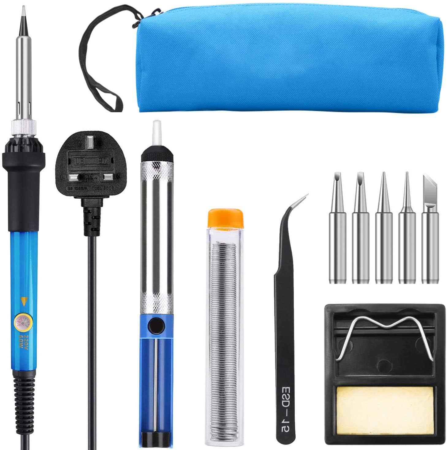 Soldering Iron Kit Electronics 60W Adjustable Temperature Welding Tool with 5pcs Soldering Iron Tips, Soldering Iron Stand, Desoldering Pump, Solder Wire, Tweezers and Portable Carry Bag