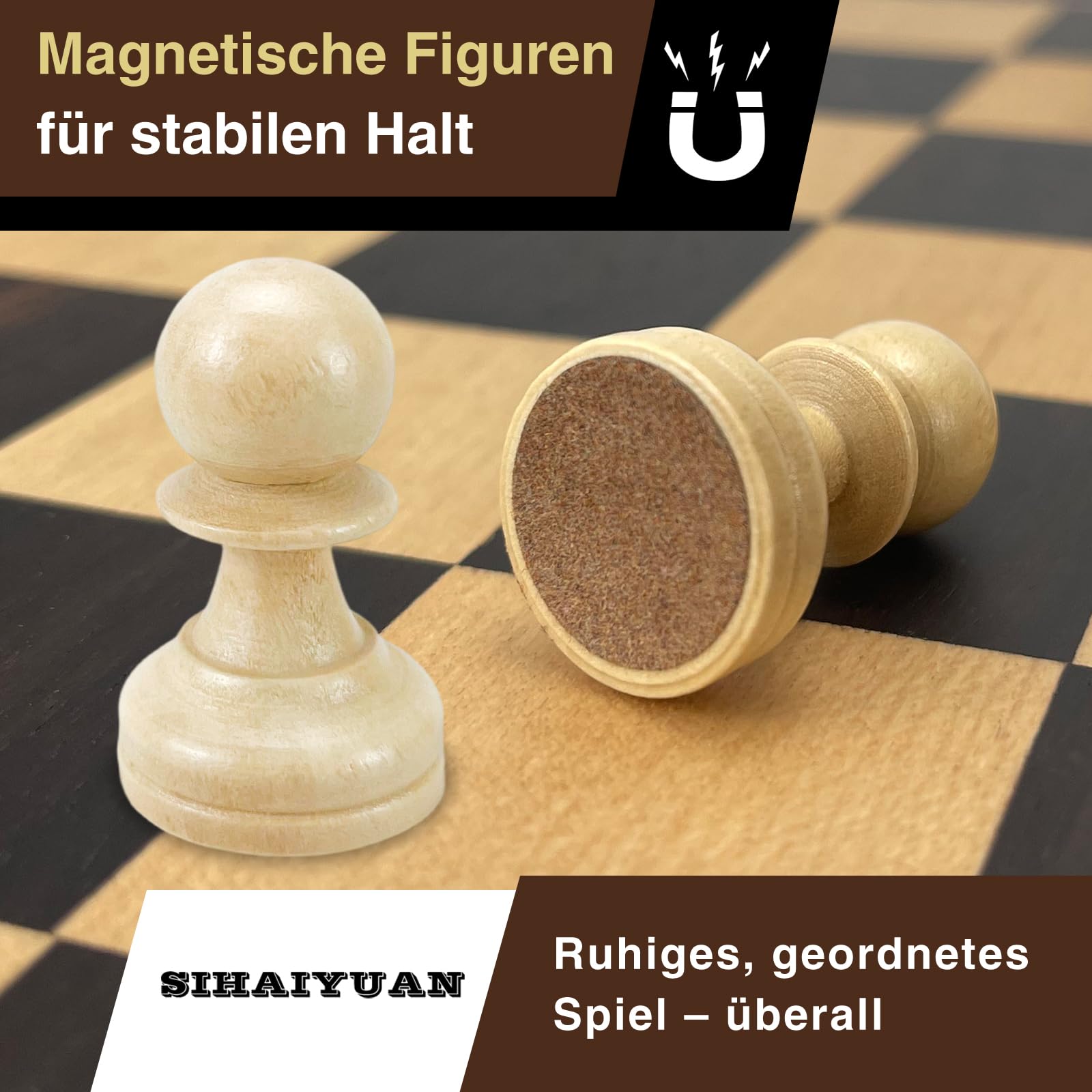 Schachspiel Holz Magnetisch – Faltbares Schachbrett 39 cm, Hochwertiges Wooden Chess Board mit 34 Staunton Figuren inkl. Extra Damen, Tragbares Schachspiel für Erwachsene & Kinder