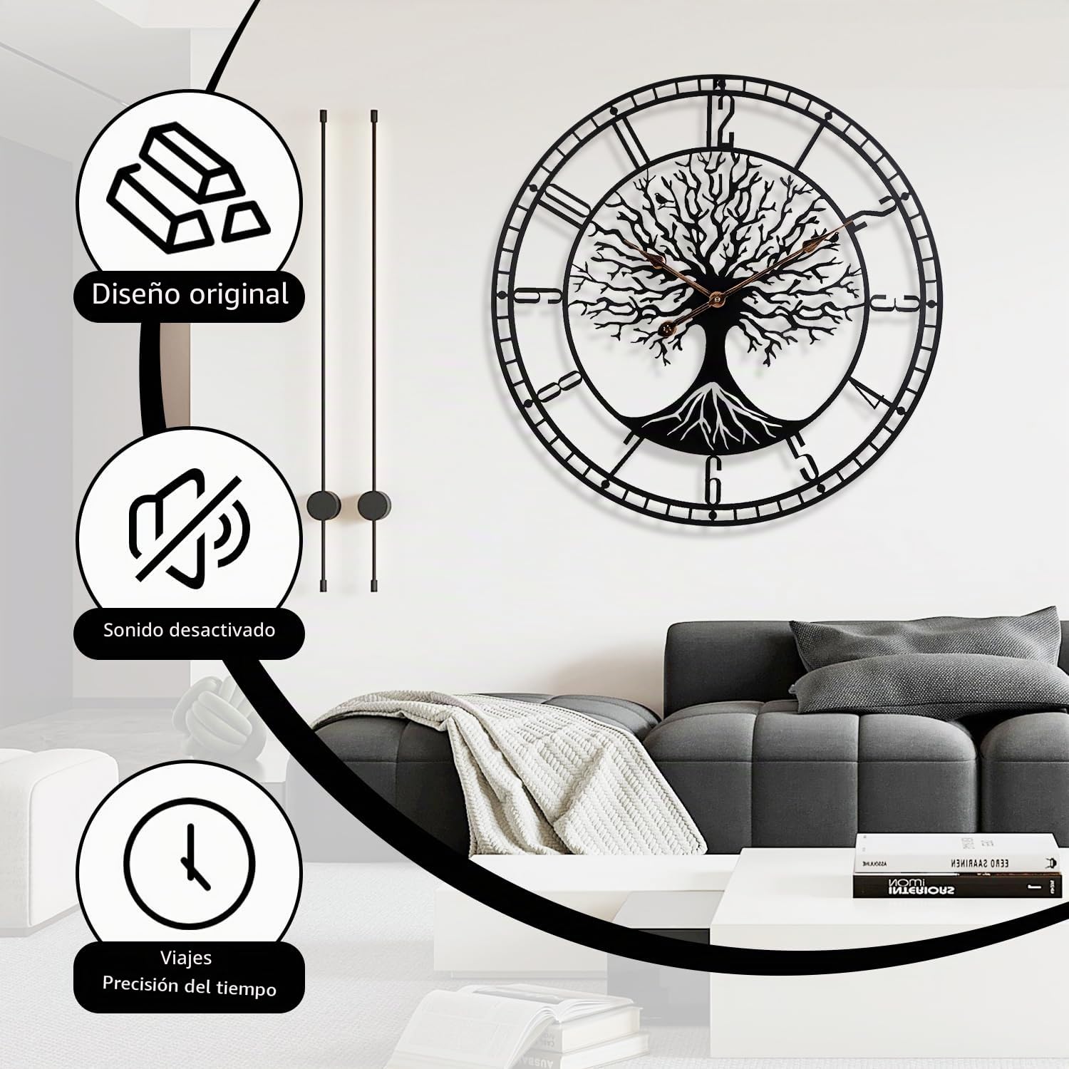 Gran Árbol de la Vida Reloj de Pared de Metal Negro Grande, Decoración del Hogar Sala de Estar con Números Silencioso Moderno de Medio Siglo
