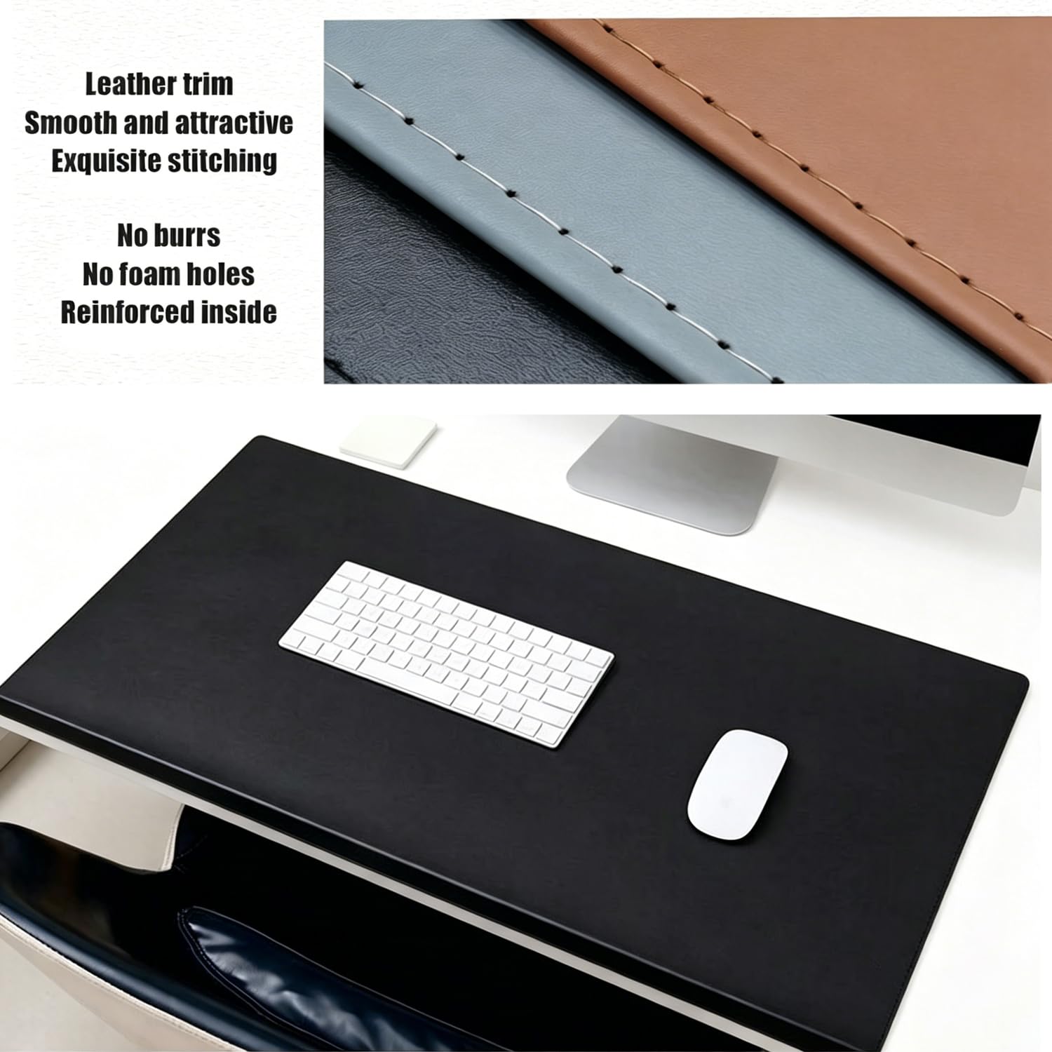 Sous Main Bureau Cuir,Coutures Faites à La Main Durables,Fond Antidérapant,Tapis De Table Résistant Avec Protège-Bord,Adapté Pour Le Bureau/La Maison/Les Étudiants,Tapis de bureau noir (80 * 40CM)