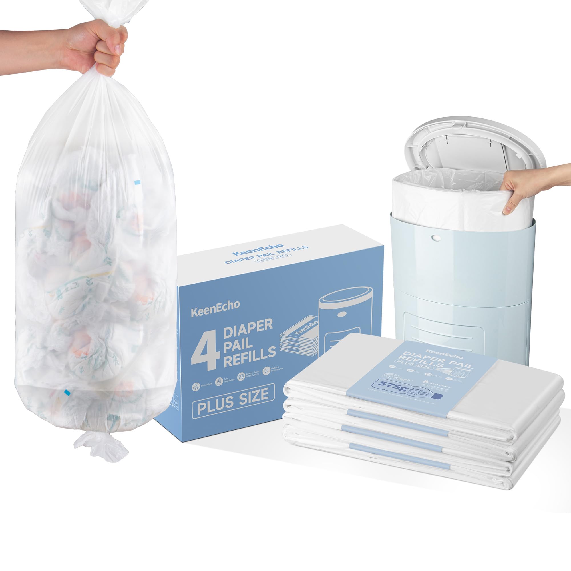 KeenEcho Diaper Pail Refill Bags (4 Pack) - Recycled Ocean Plastic - for Mini/Classic/Plus Diaper Pails, Holds Up to 1200/1980/2320 Newborn Diapers - Fresh Scent & Odor Control for Baby Parents