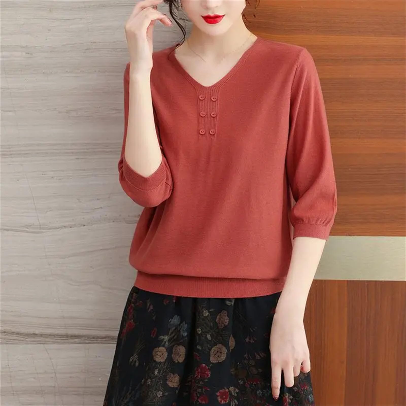 Maglietta da donna lavorata a maglia, mezza manica con scollo a V, tinta unita, stile vintage