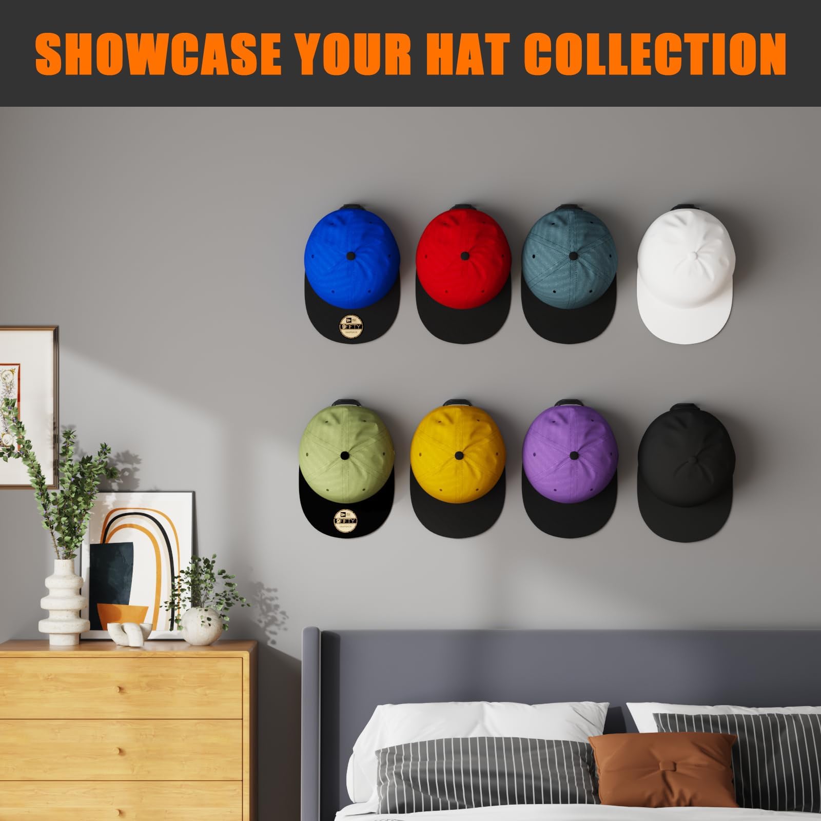 Sistema Porta Cappelli Adesivo - 24 Appendiabiti per Cappelli Senza Foratura, Soluzione Compatta per Porte, Armadi e Stanze (nero, Adesivo Forte)