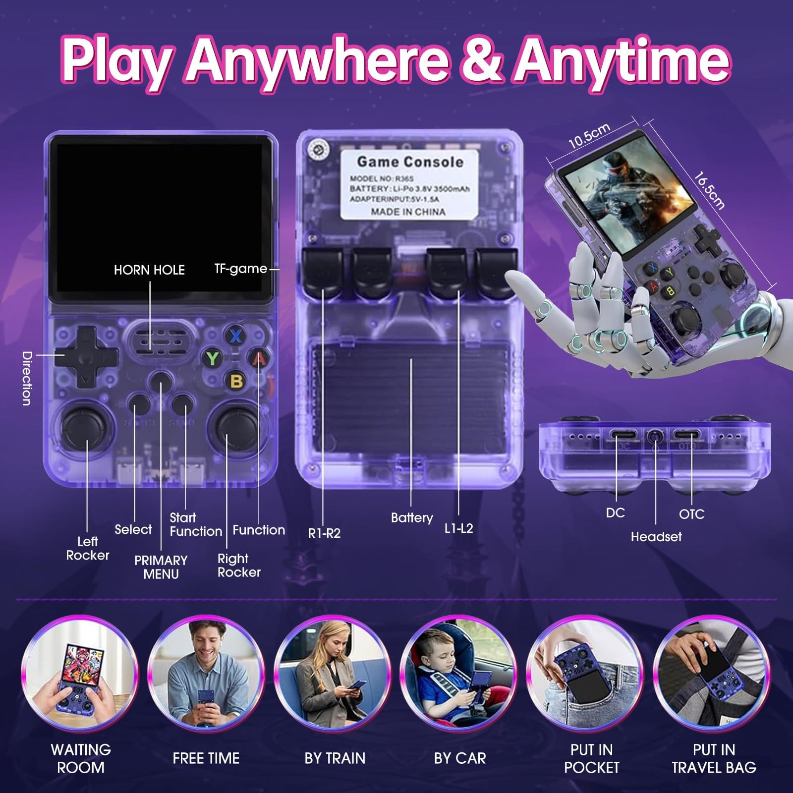 R36S Retro Handheld Spielkonsole, 3,5 Zoll IPS-Bildschirm, 128 GB Speicher, 20.000 Vorinstallierte Spiele, Linux System, Tragbare Handheld Konsole (Lila)