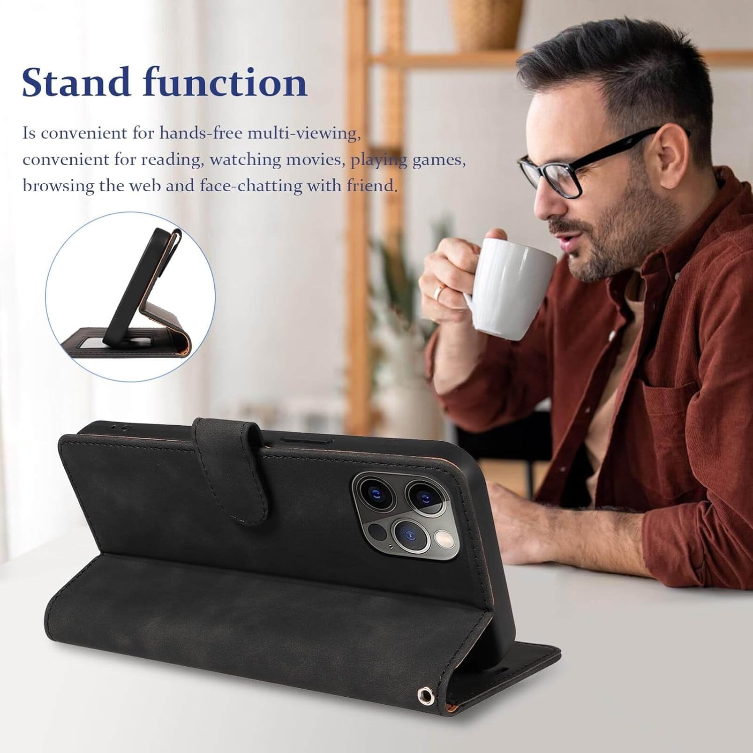 for iPhone 12 Case Wallet, for iPhone 12 Pro Case, [RFID Blocking 4 Card Slots] [Kickstand] [Wrist Strap] [Magnetic Closure] Soft PU Leather Shockproof Protective Flip Cover (Black) - Image 2