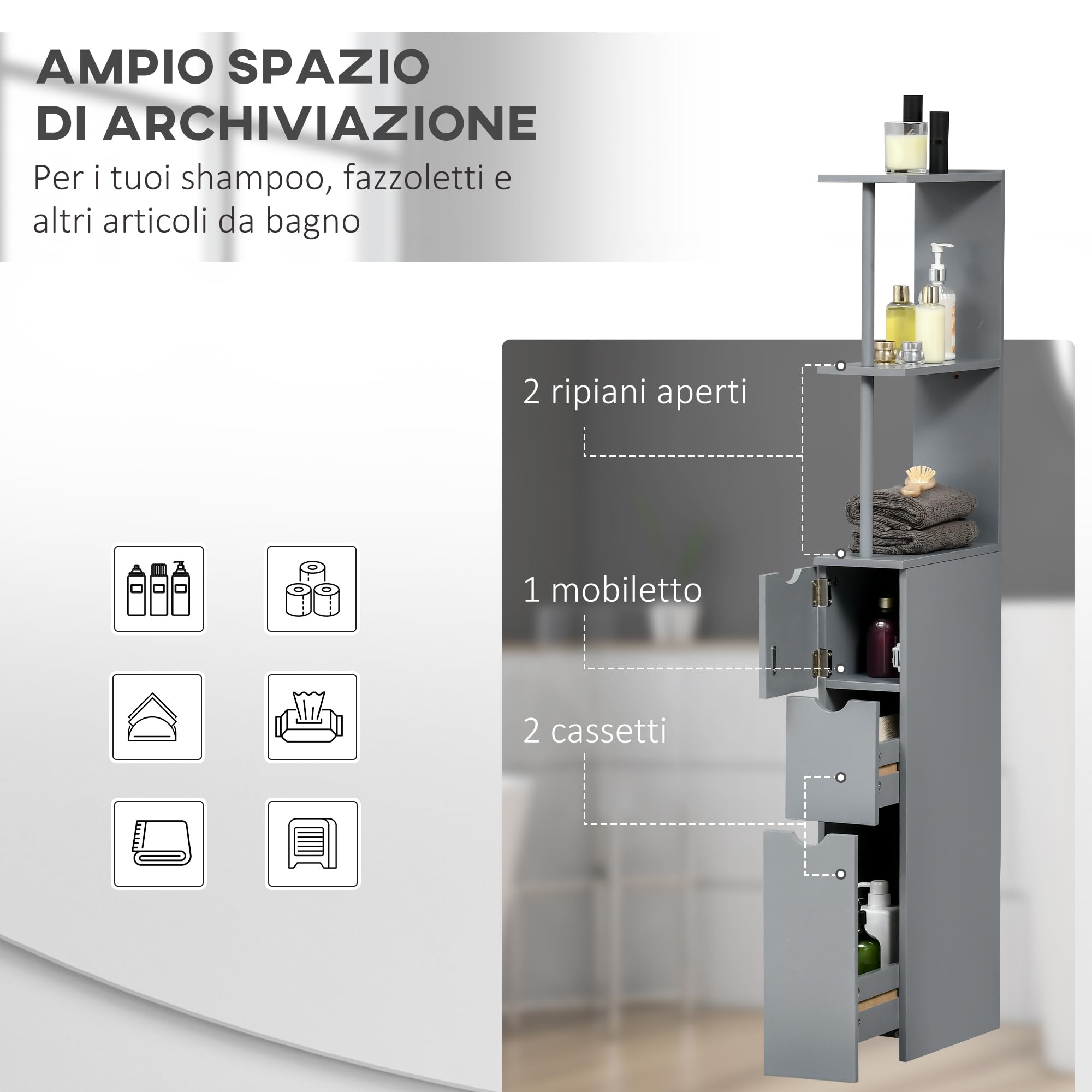 HOMCOM Colonna Bagno, Mobile Bagno Salvaspazio in Legno, Mobiletto con Armadietto, Ripiani e Cassetti, 15x33x136.8 cm, Grigio