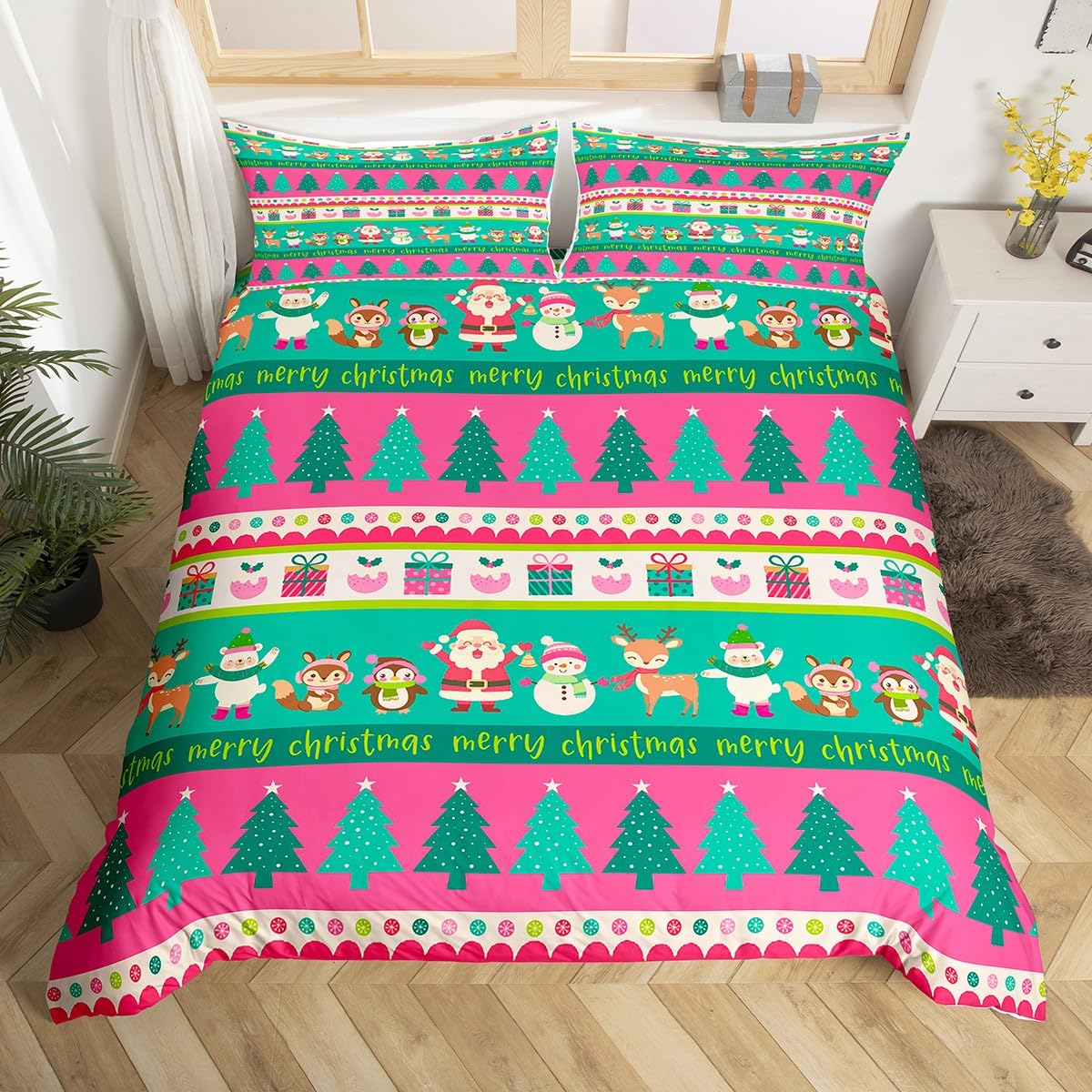 Loussiesd Christmas Cute Snowman Santa Claus Deer Bedding Set for Kids Christmas Tree Xmas Theme Breathable Pink Stripes Duvet Cover Room Decor Bedding Set Junior/Cot Bed Size
