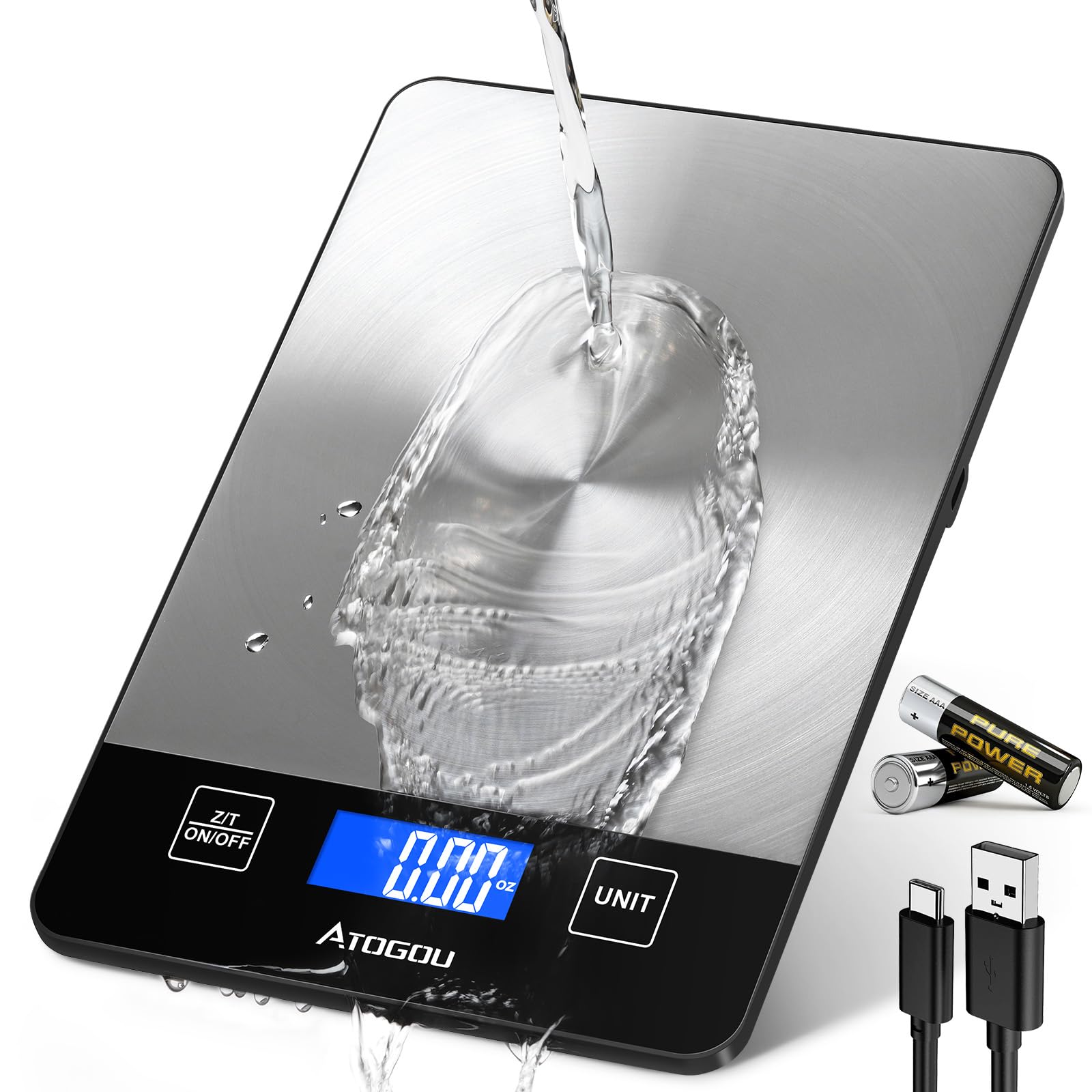 Photo 1 of **UNTESTED**
Atogou Food Scale - 33lb Digital Kitchen Scale Ounces Grams, Rechargeable & Full-View Display, Water-Resistant, Batteries or USB-C Charging, Stainless Steel, for Cooking, Meal Prep, Package (Black)