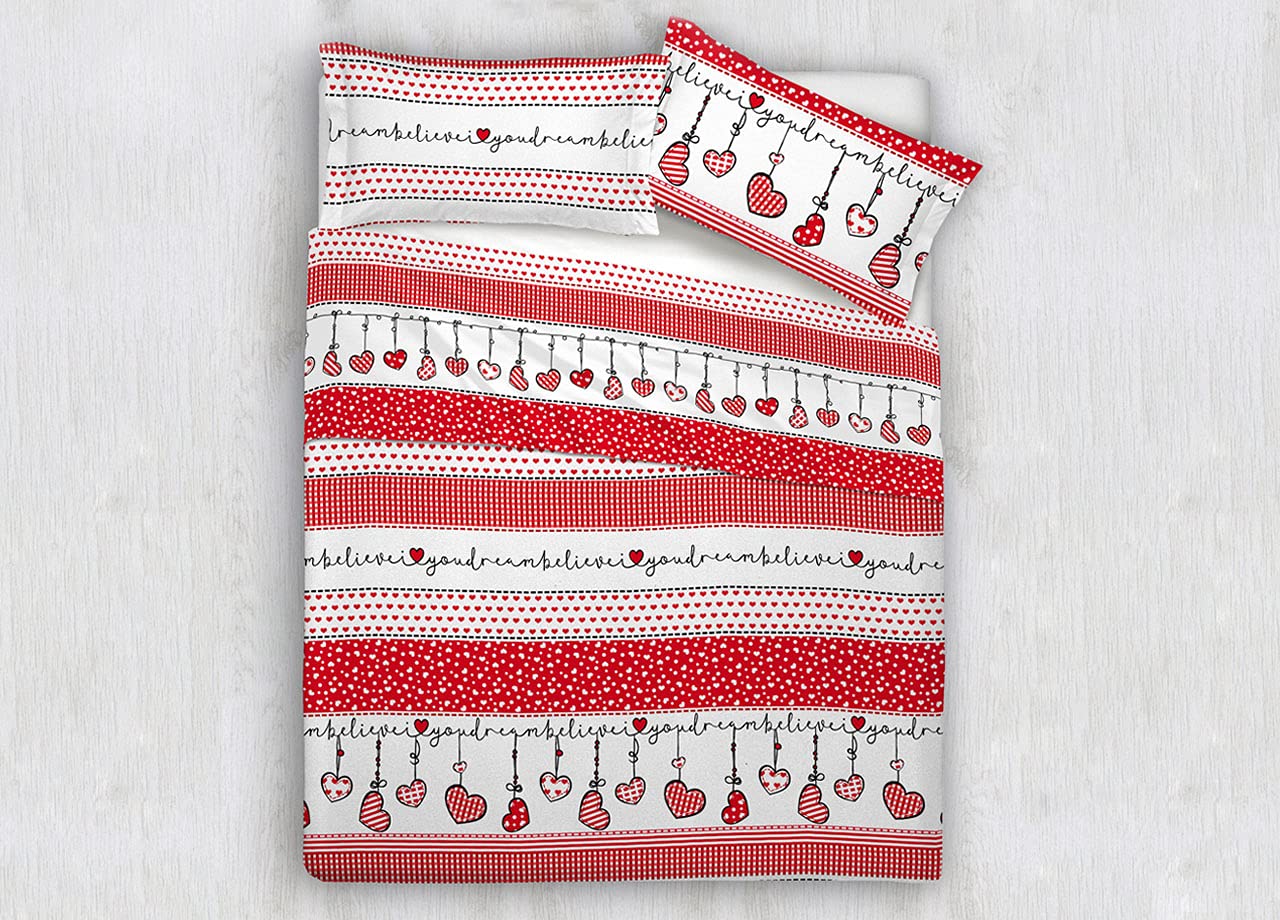 Set Completo Lenzuola in 100% Cotone Made in Italy Fantasia Natale Cuori Renne Singolo Dream Rosso