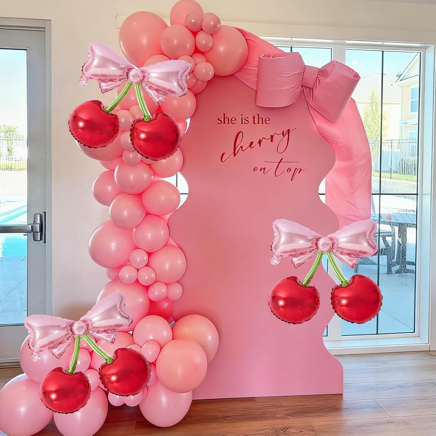 4Pcs Pink Bow Red Cherry Balloons for She's The Cherry On Top Party Foil Balloons Berry First Birthday Decorations Fruit Theme Baby Shower Bridal Wedding Party Supplies