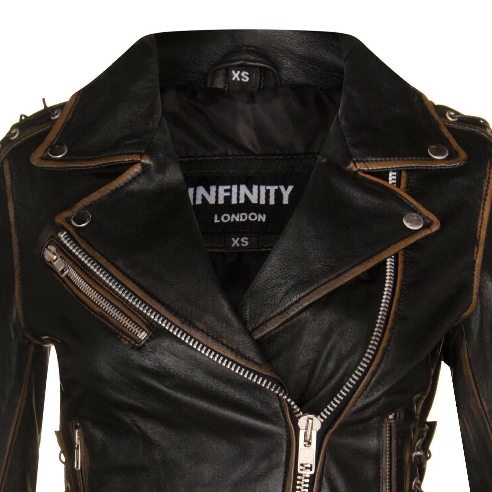 Infinity Leather Mujer negro Cuero Motero Brando Chaqueta de moto
