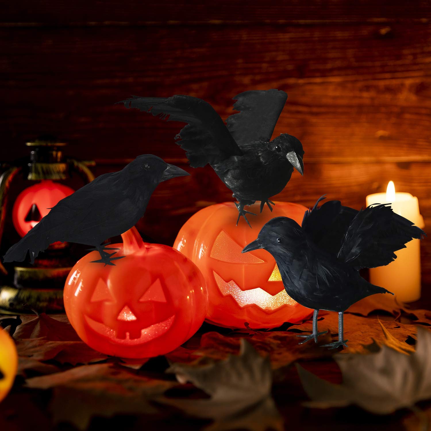 3-Pack Halloween Black Feathered Crows – Realistic Decor For Indoor & Outdoor Scares